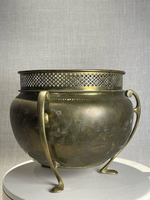 Antique Art Nouveau Brass Jardinière Planter with Pierced Gallery Rim and Stylized Handles