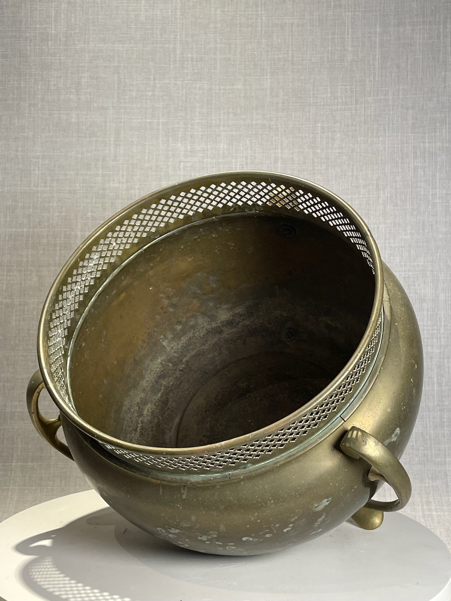 Antique Art Nouveau Brass Jardinière Planter with Pierced Gallery Rim and Stylized Handles