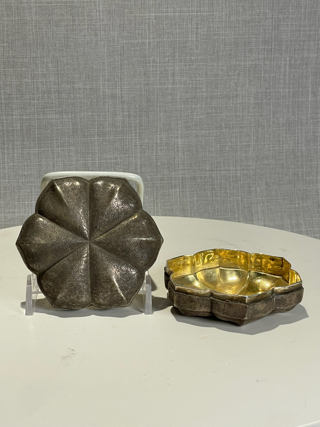 ornate silver tone trinket box lotus design