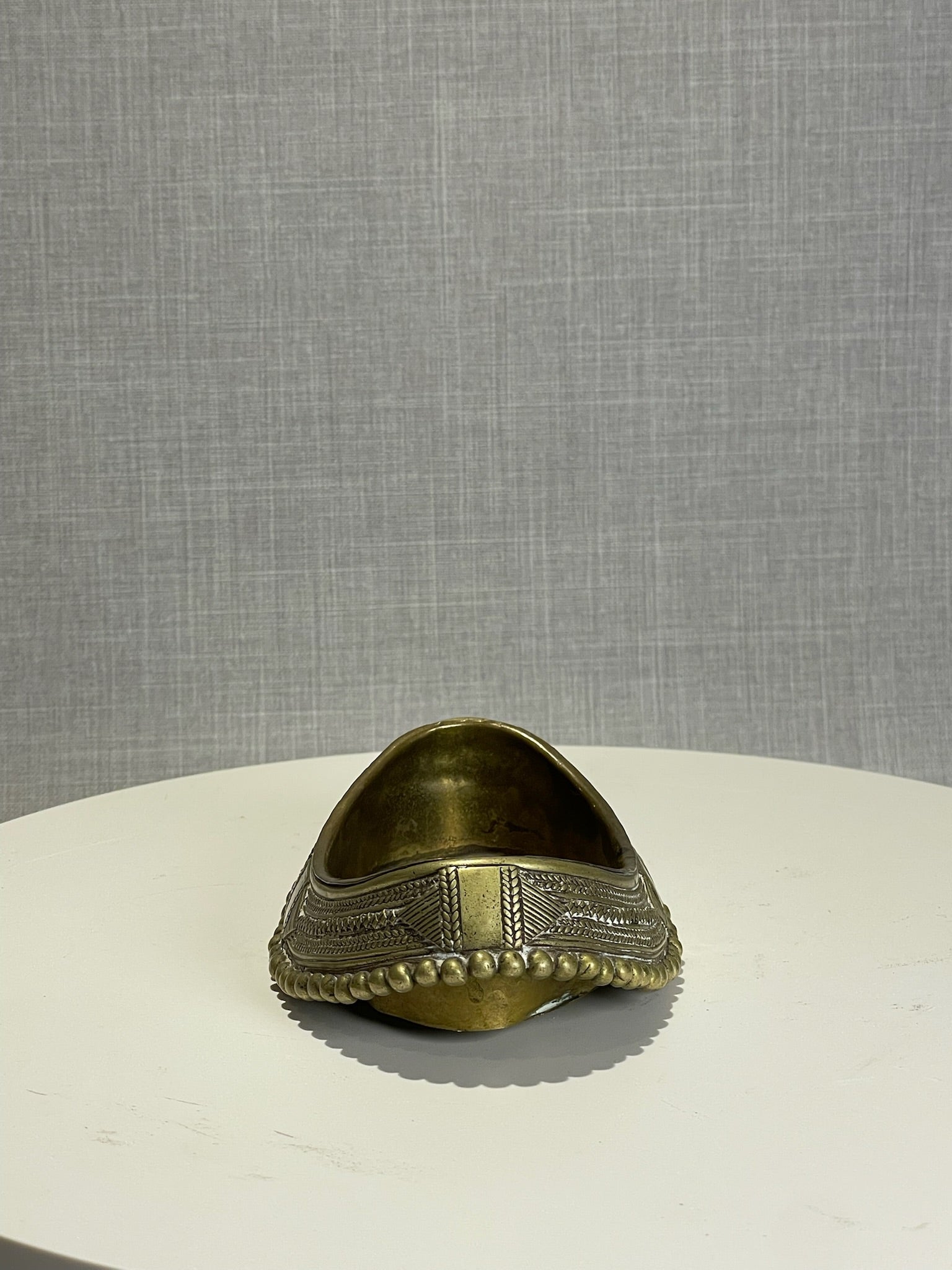 Vintage Hand-Tooled Brass Oval Bowl with Beaded Rim & Tribal Geometric Motifs