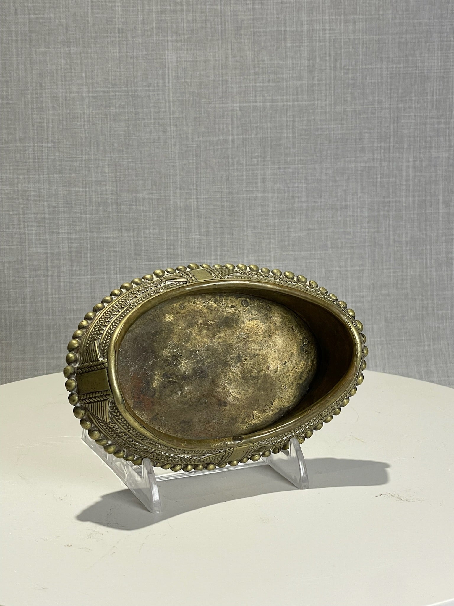 Vintage Hand-Tooled Brass Oval Bowl with Beaded Rim & Tribal Geometric Motifs