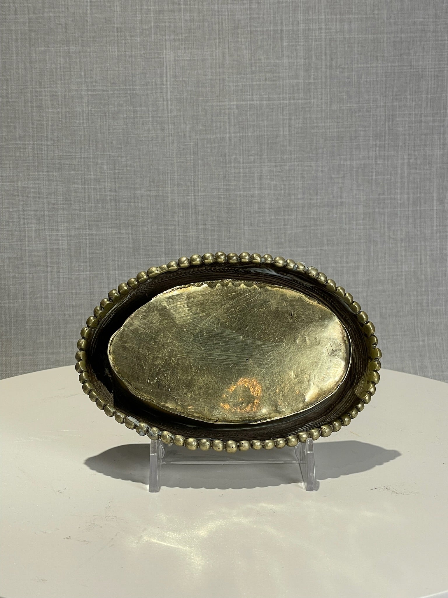 Vintage Hand-Tooled Brass Oval Bowl with Beaded Rim & Tribal Geometric Motifs