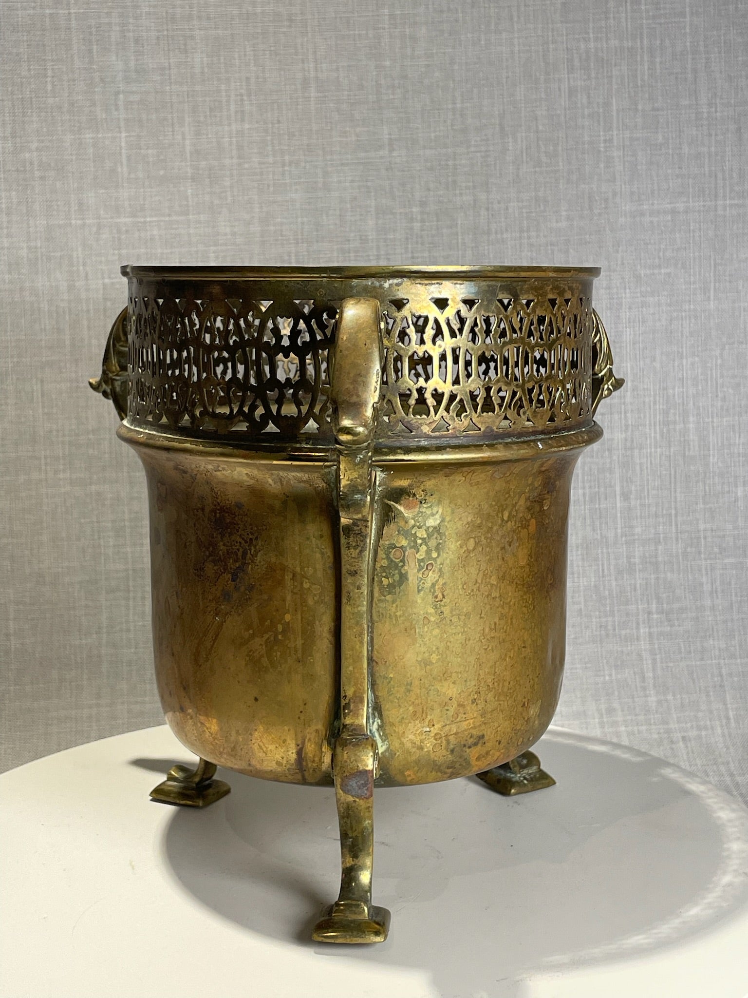 Ornate Antique Brass Jardinière with Pierced Gallery, Scrolled Handles, and Cabriole Feet