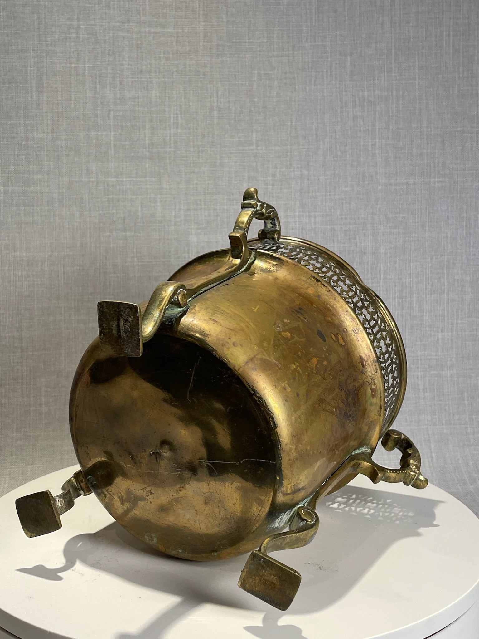 Ornate Antique Brass Jardinière with Pierced Gallery, Scrolled Handles, and Cabriole Feet