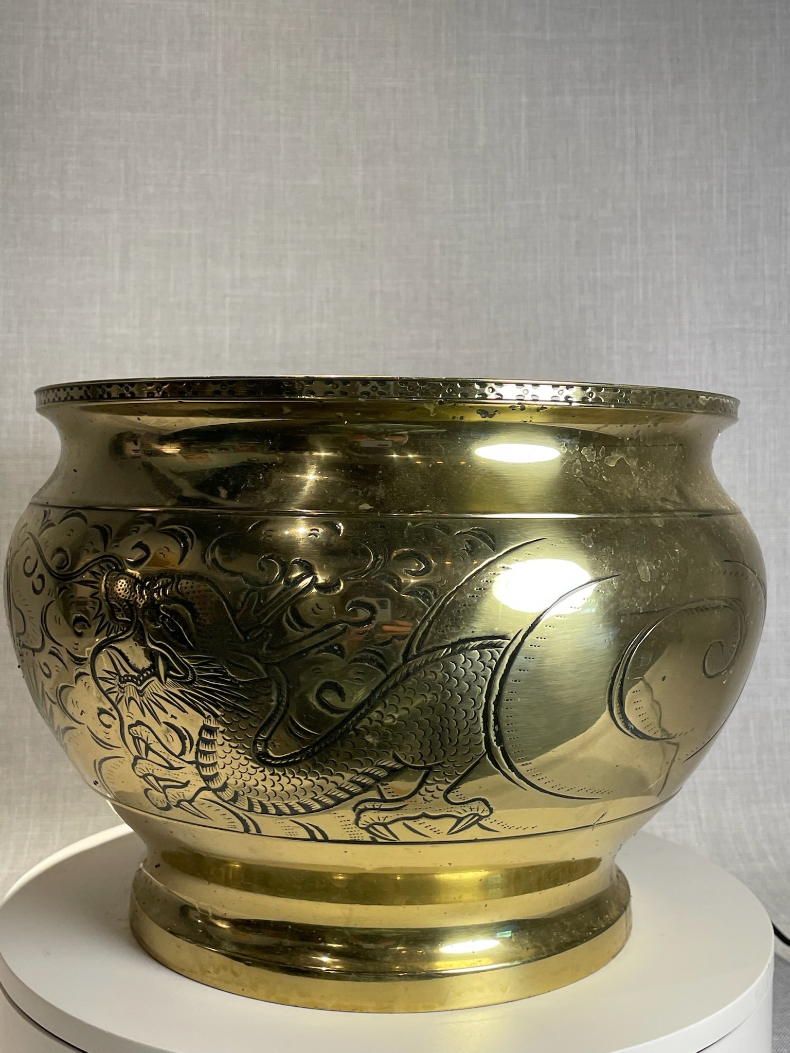 Vintage Chinese Brass Jardinière Planter with Hand-Etched Dragon Motif