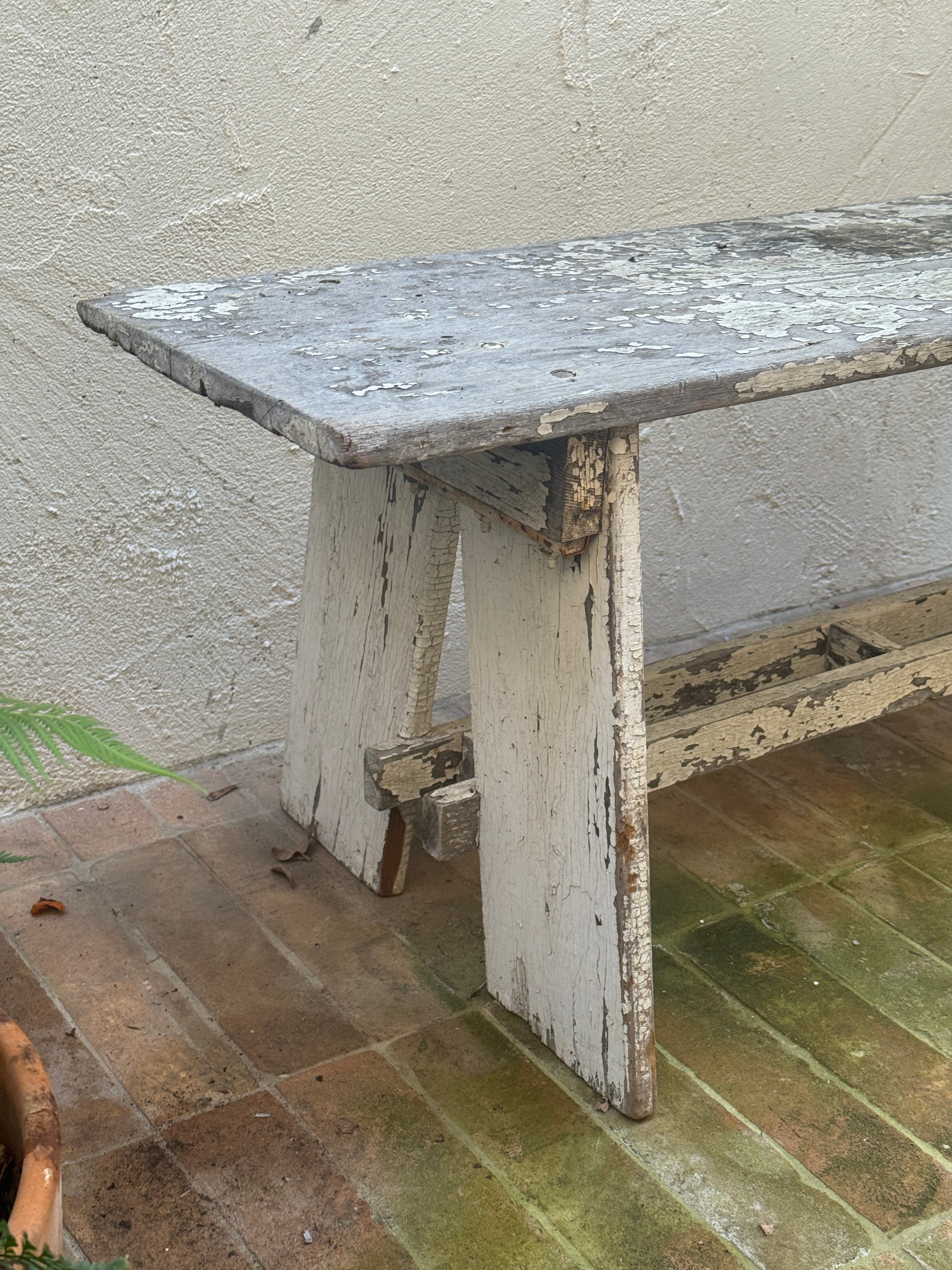 Antique European Rustic Painted Wood Garden Bench with Original Weathered Patina