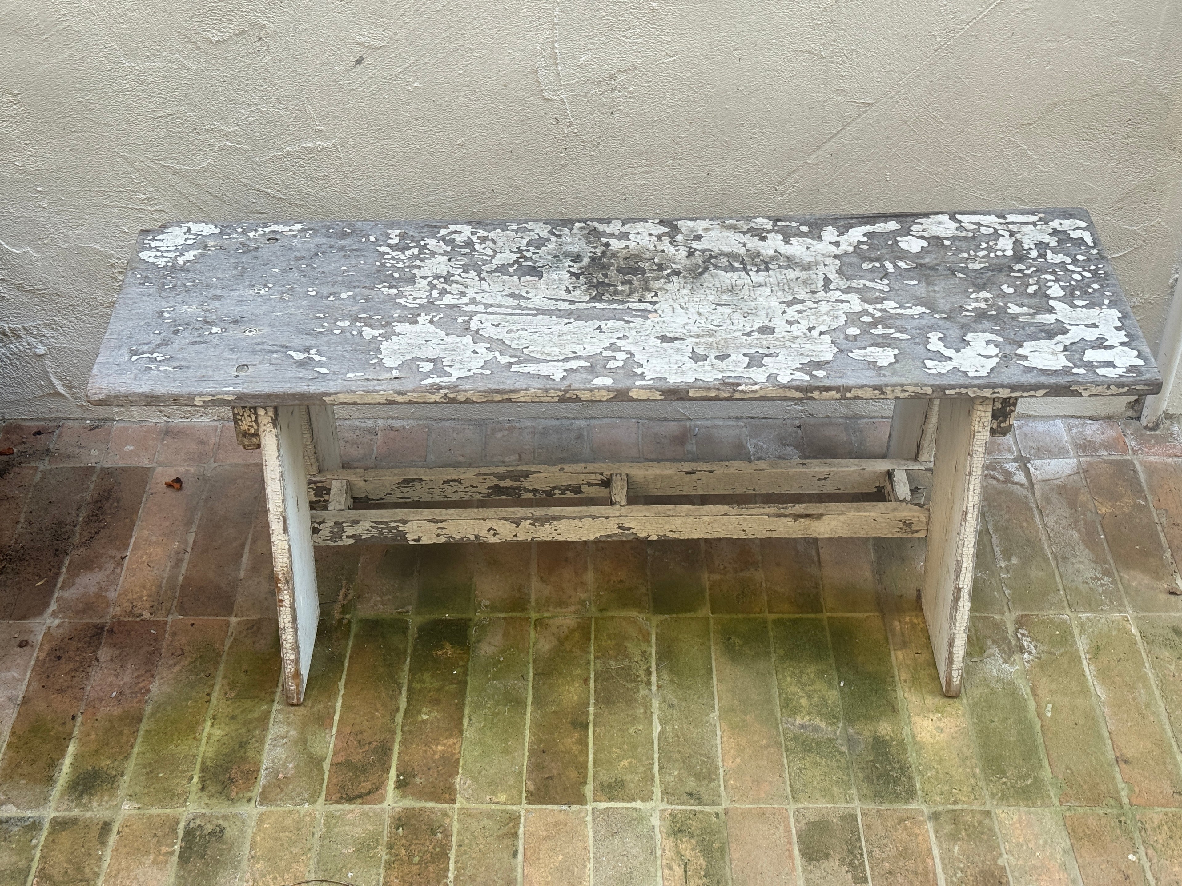 Antique European Rustic Painted Wood Garden Bench with Original Weathered Patina