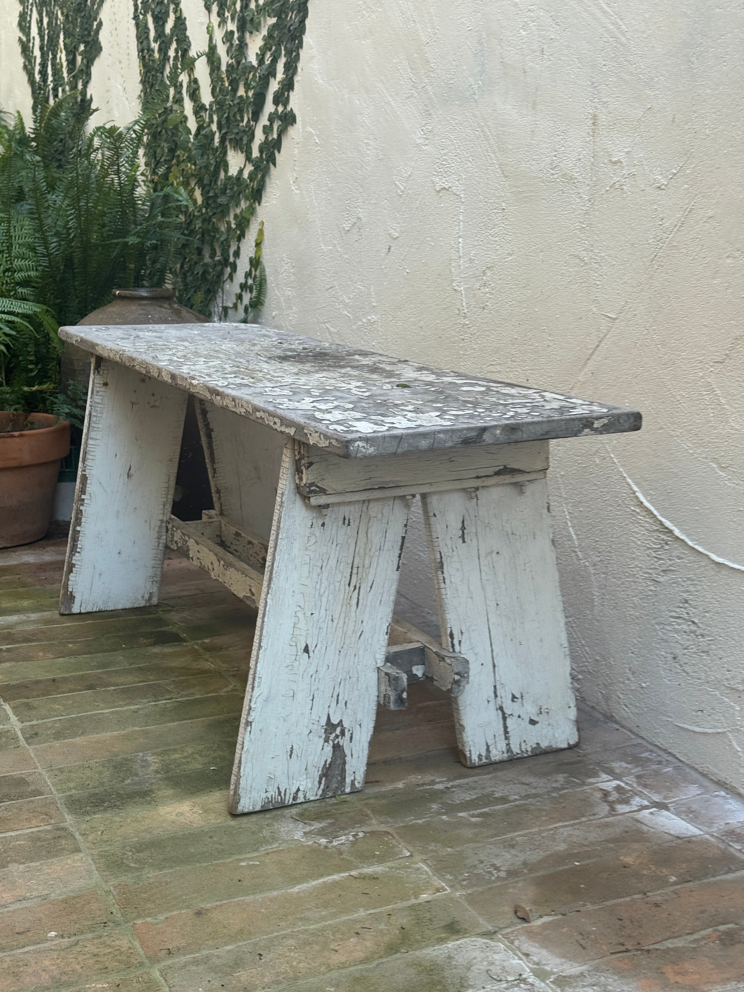 Antique European Rustic Painted Wood Garden Bench with Original Weathered Patina