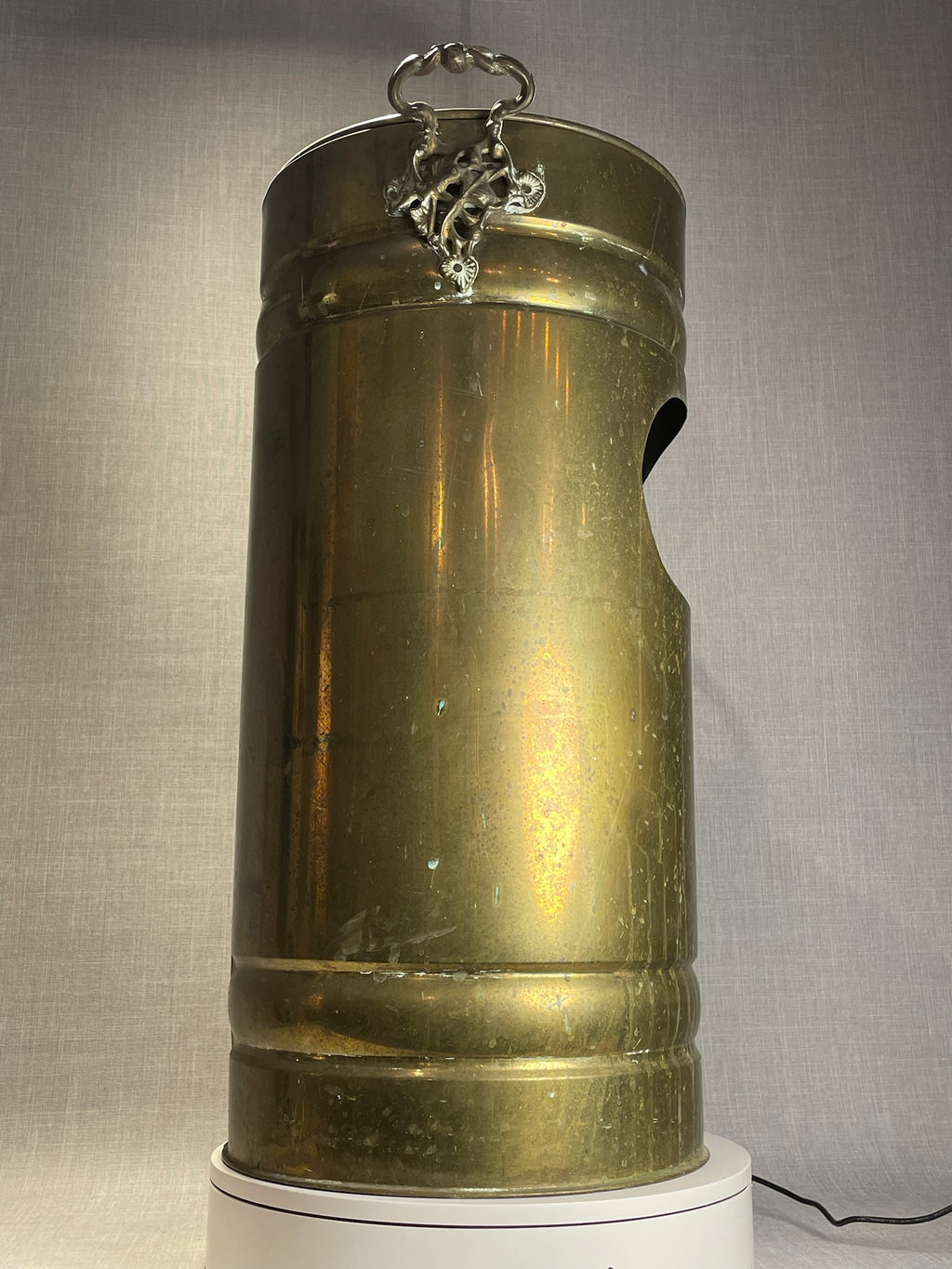 Vintage Brass Standing Trash Can with Ashtray Top and  with Ornate Handles and Aged Patina