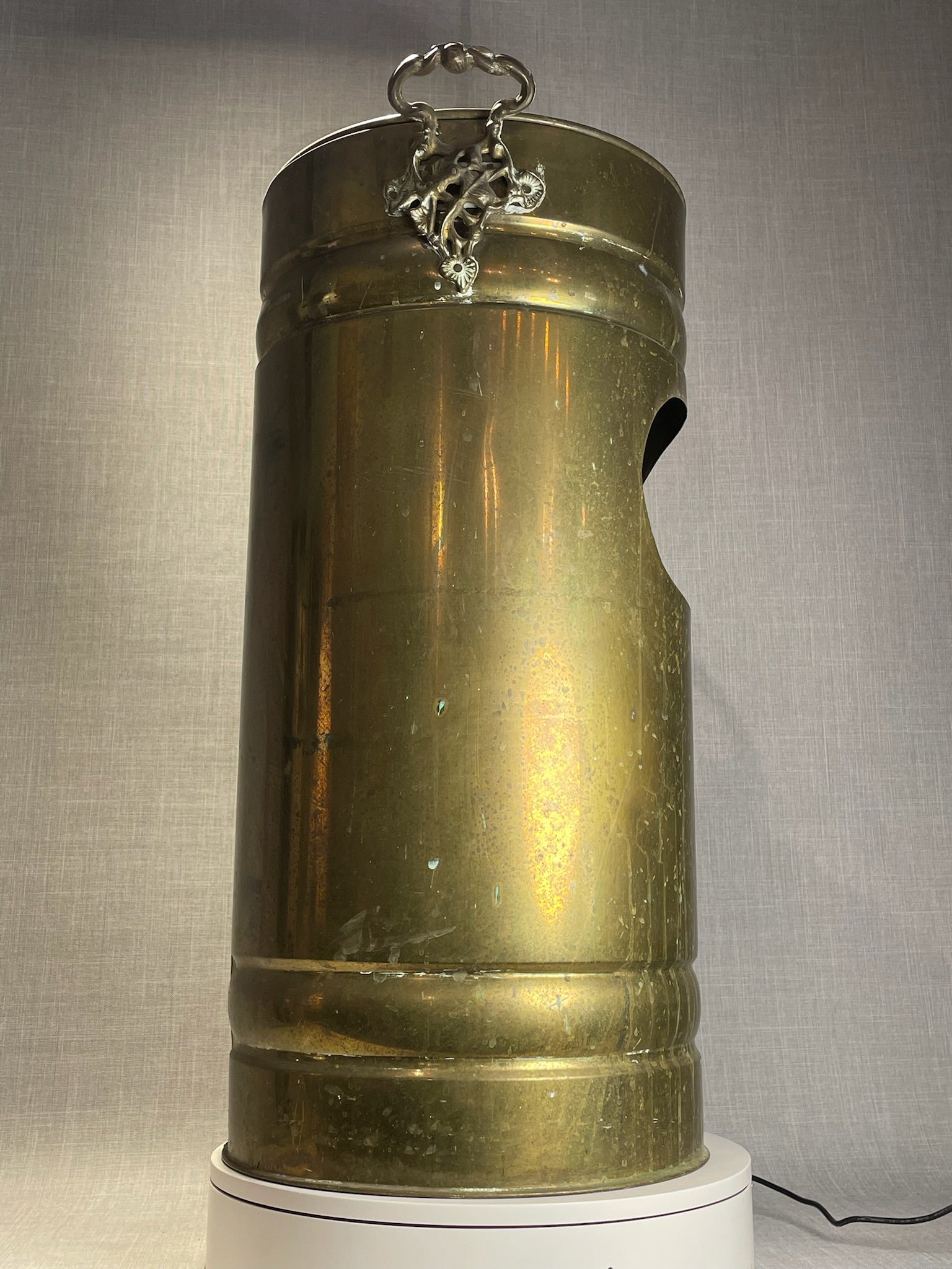 Vintage Brass Standing Trash Can with Ashtray Top and  with Ornate Handles and Aged Patina