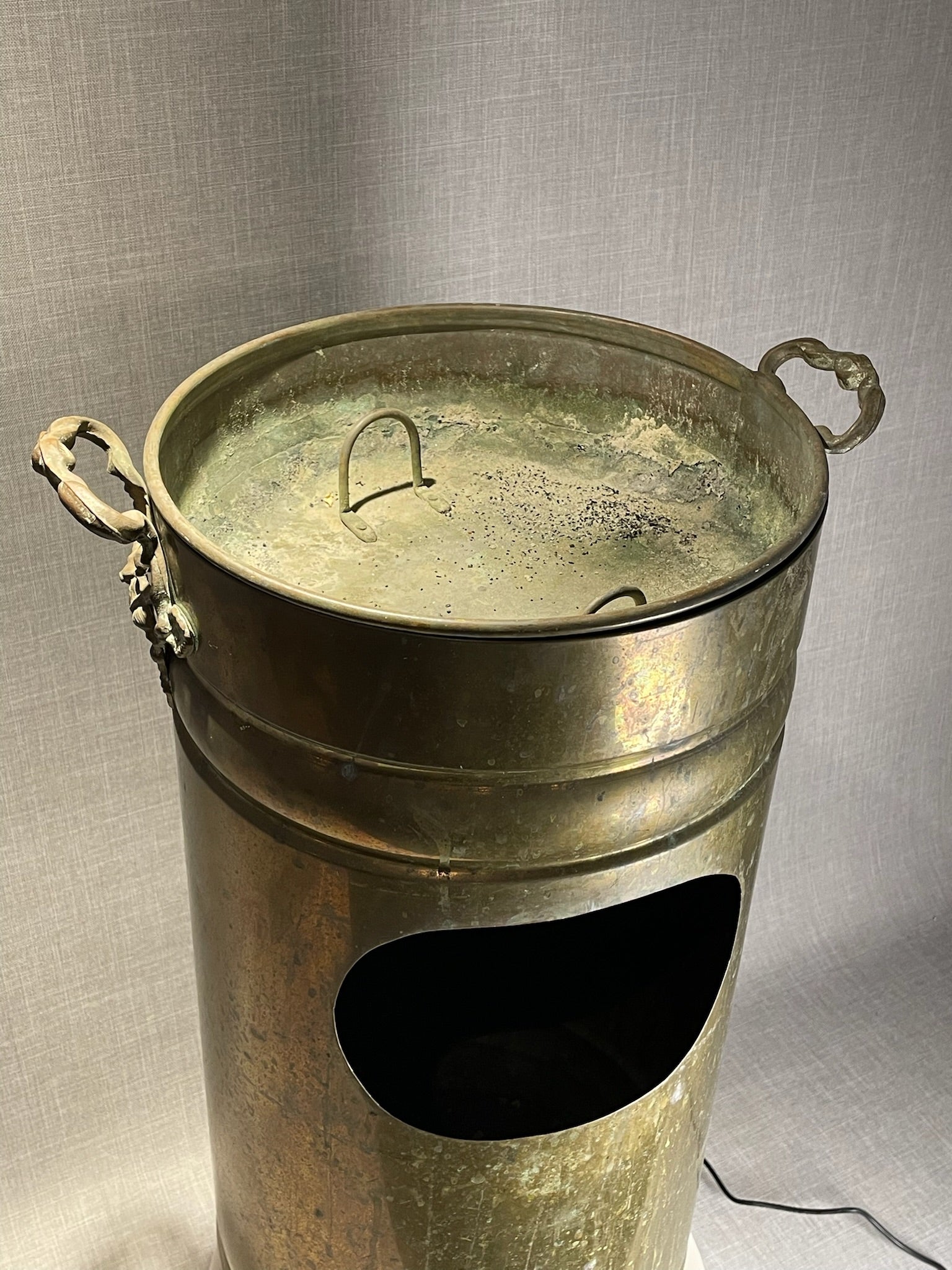 Vintage Brass Standing Trash Can with Ashtray Top and  with Ornate Handles and Aged Patina