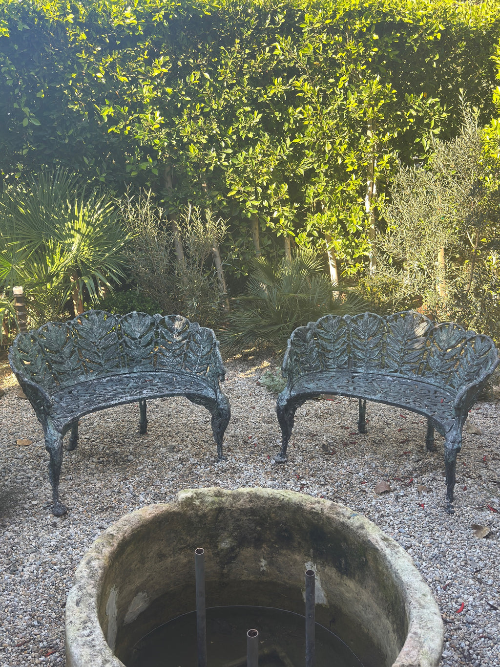 Pair of c.1890 Victorian Cast Iron Garden Benches with Sculptural Leaf Backrests