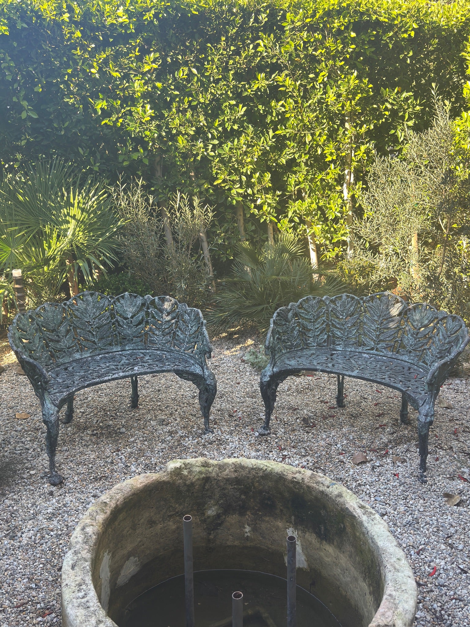 Pair of c.1890 Victorian Cast Iron Garden Benches with Sculptural Leaf Backrests