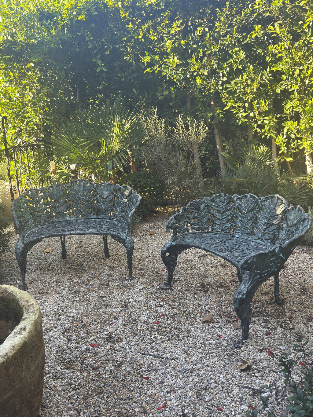Pair of c.1890 Victorian Cast Iron Garden Benches with Sculptural Leaf Backrests