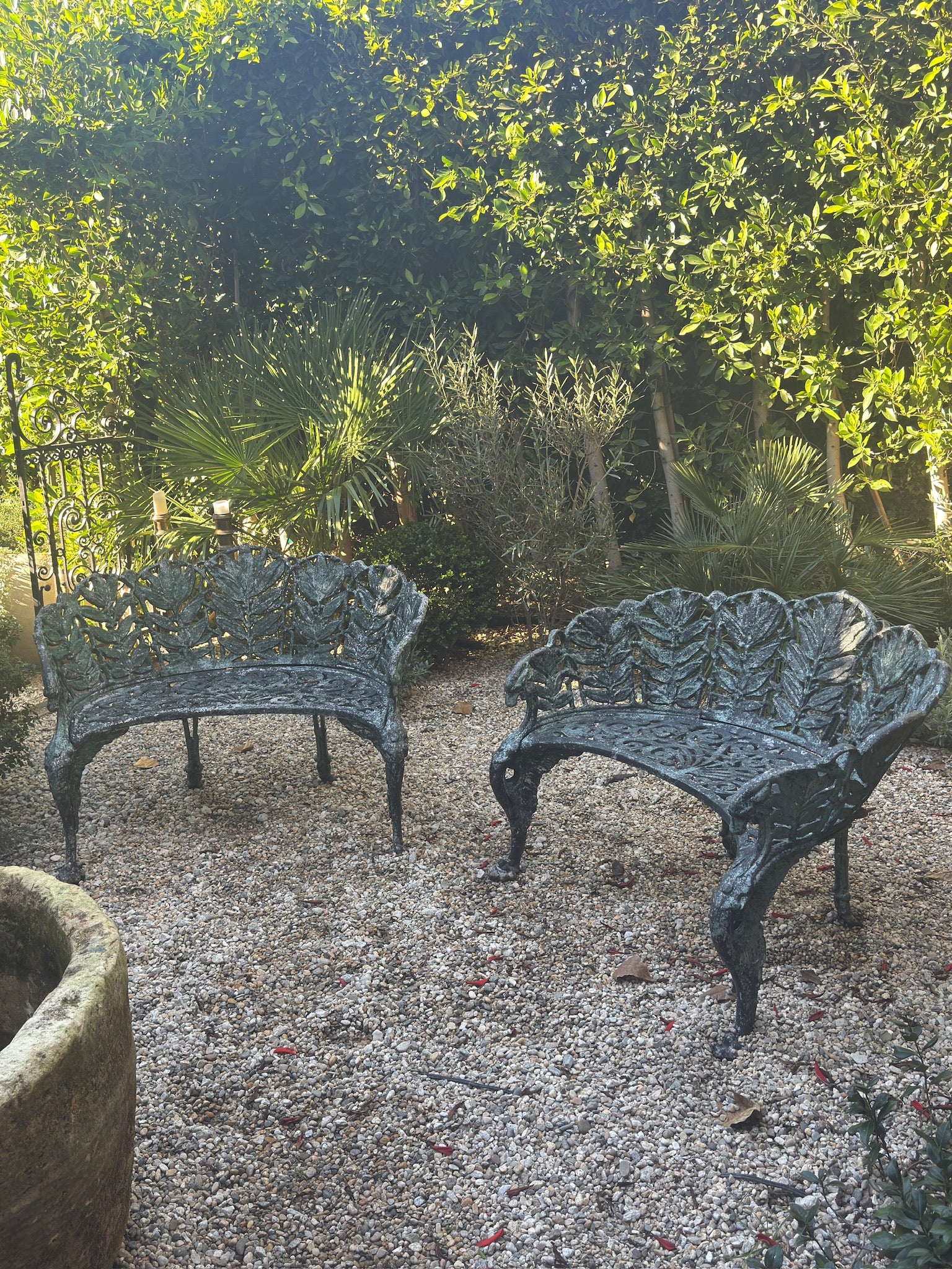 Pair of c.1890 Victorian Cast Iron Garden Benches with Sculptural Leaf Backrests