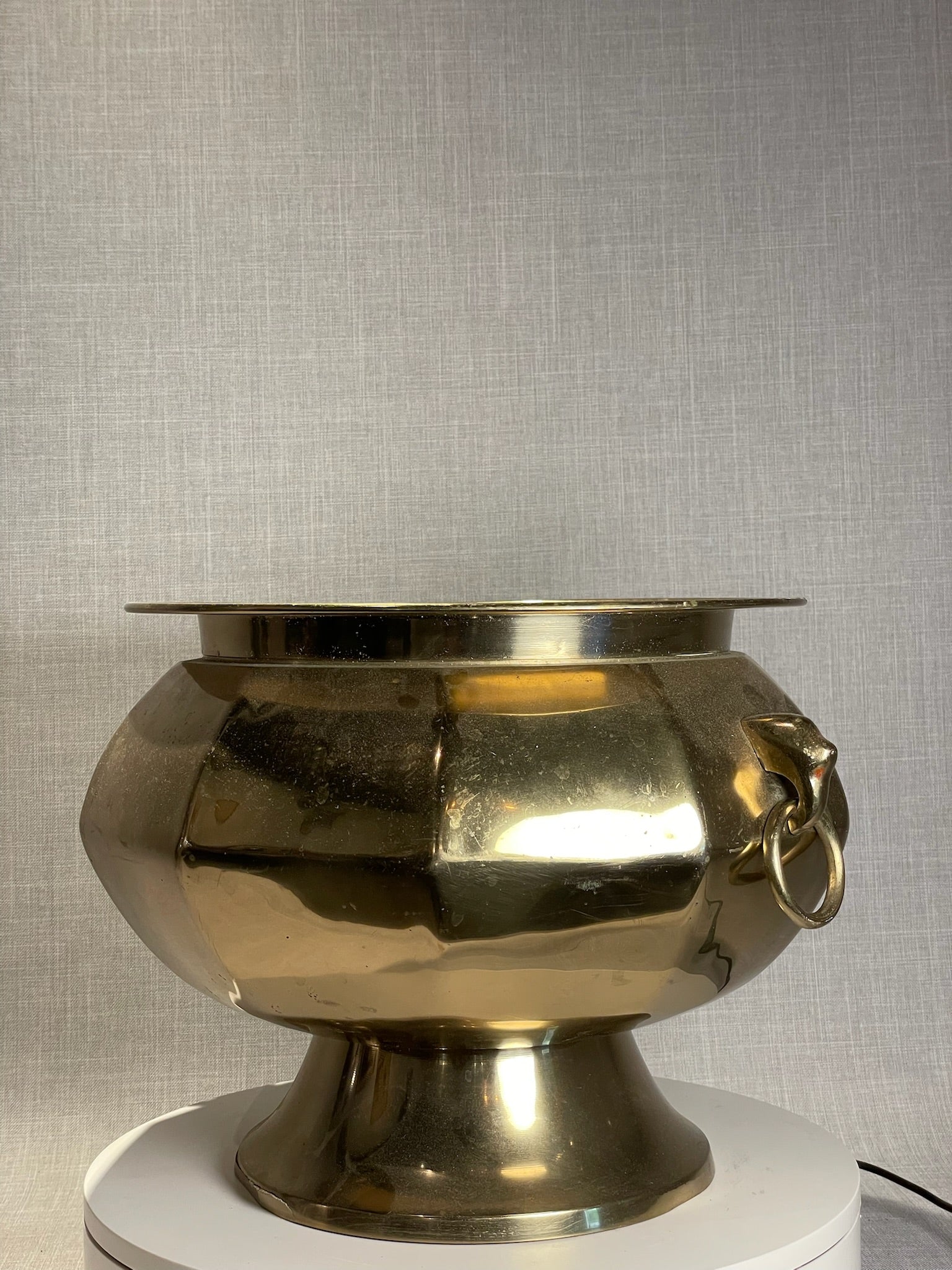 Large Vintage Brass Footed Jardinière with Stylized Ring Handles and Flared Rim