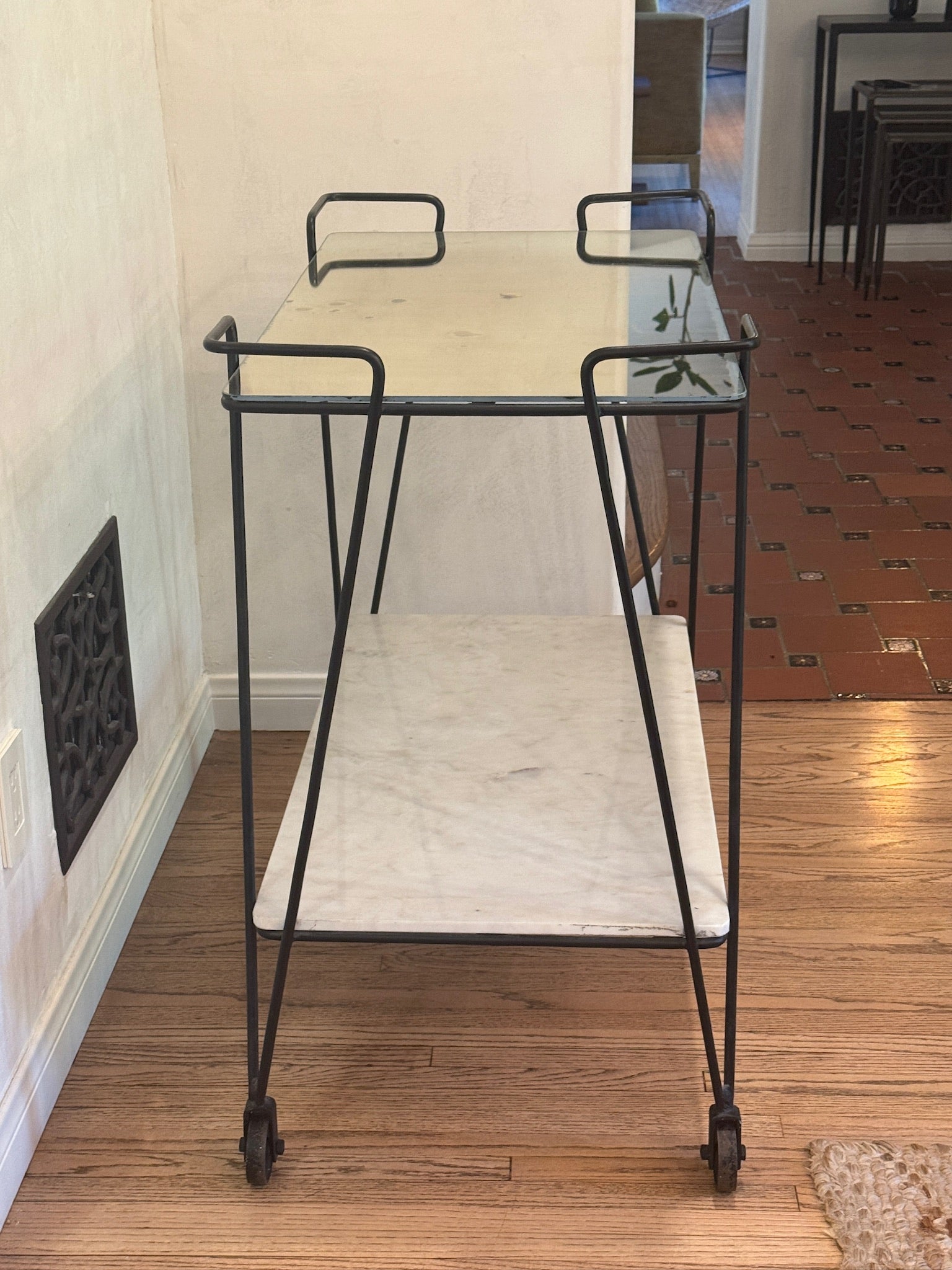 Arteriors “Myrtle” Bar Cart with Antiqued Mercury Glass Top & Carrara Marble