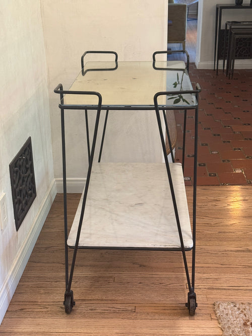 Arteriors “Myrtle” Bar Cart with Antiqued Mercury Glass Top & Carrara Marble