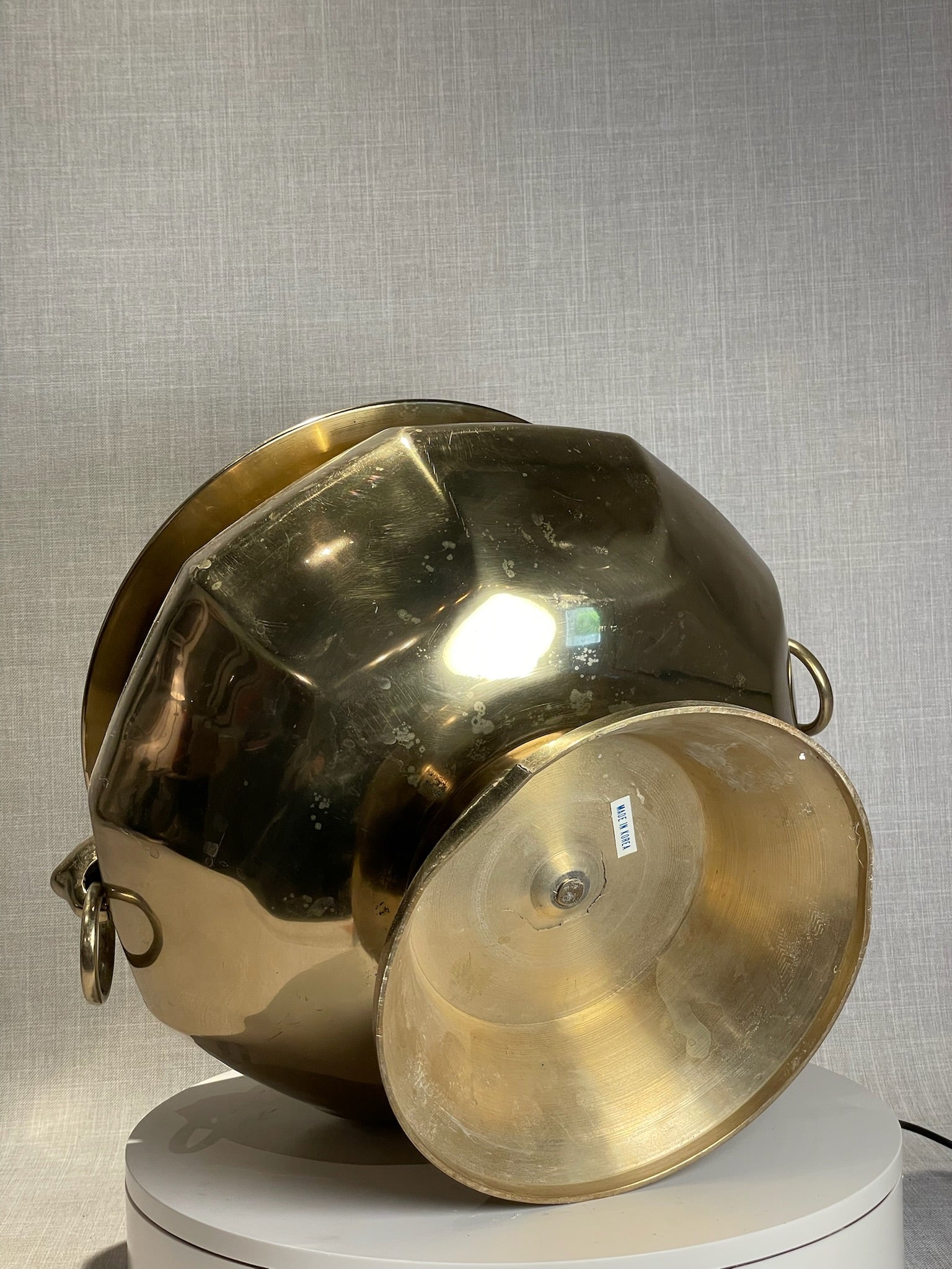 Large Vintage Brass Footed Jardinière with Stylized Ring Handles and Flared Rim