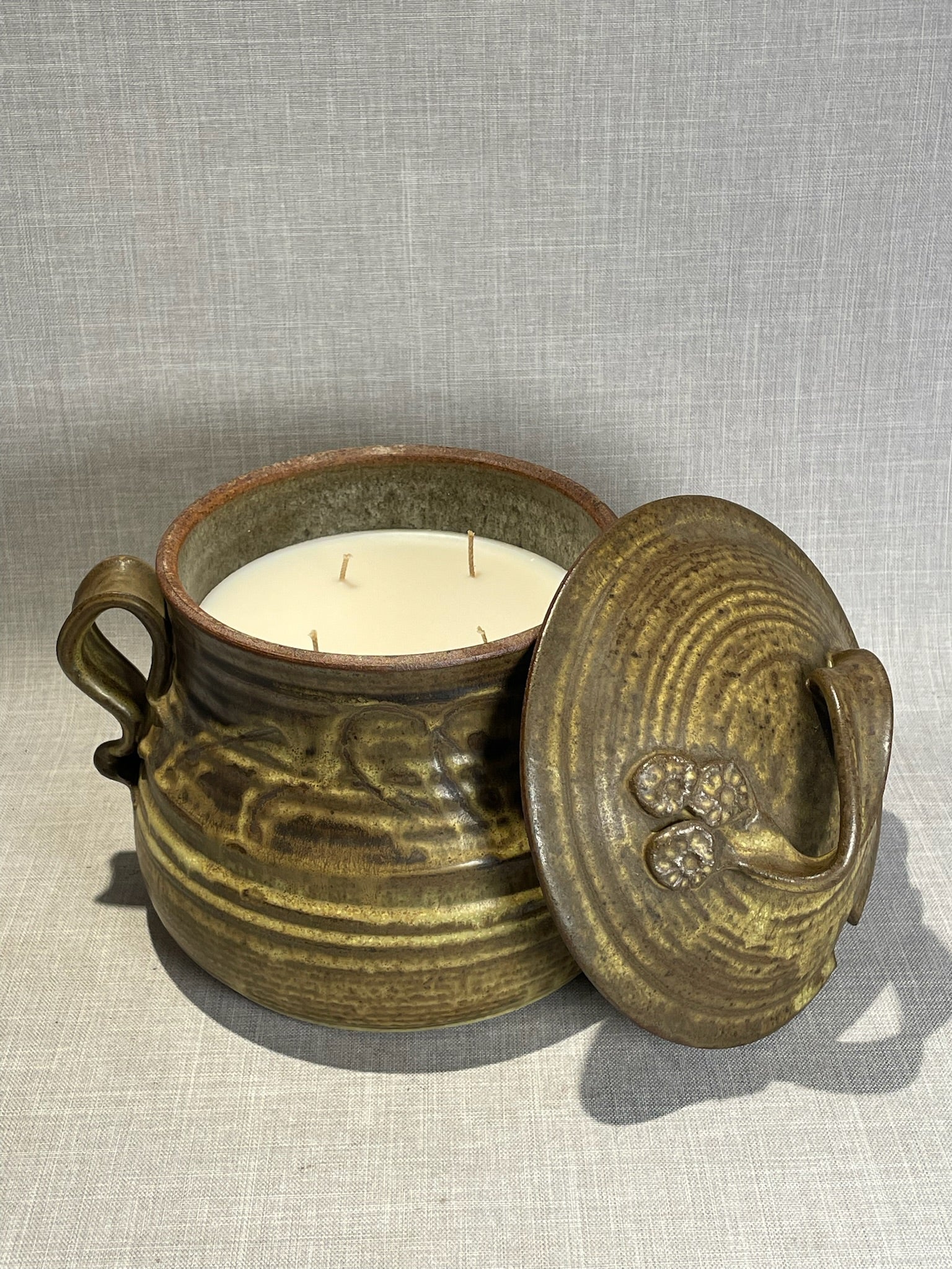 Huge Rustic Hearthstone Ceramic Candle – Handcrafted Double-Handled Lidded Pot