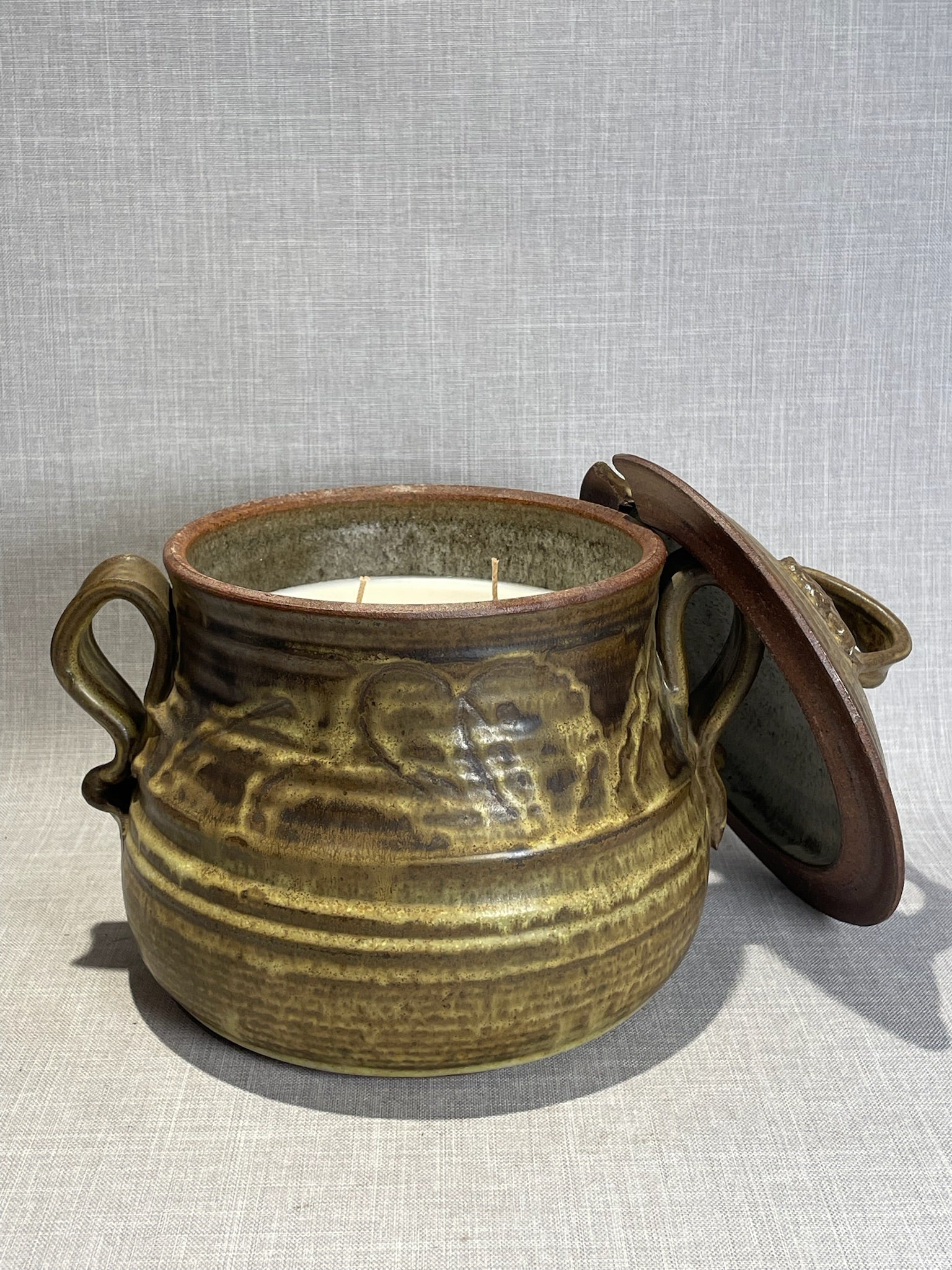 Huge Rustic Hearthstone Ceramic Candle – Handcrafted Double-Handled Lidded Pot