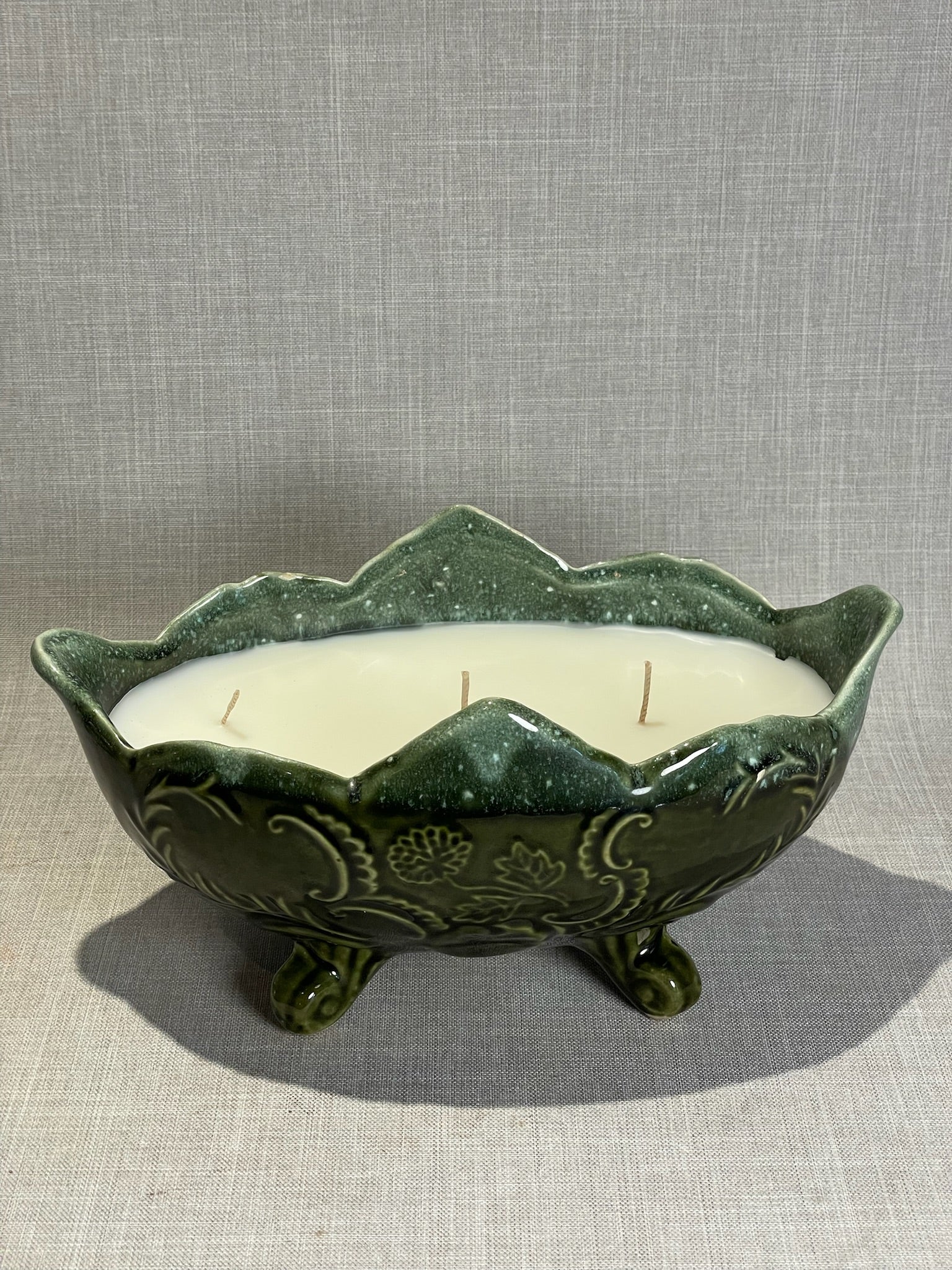 Enchanted Forest Ceramic Bowl Candle – Hand-Poured Triple Wick in Vintage Green