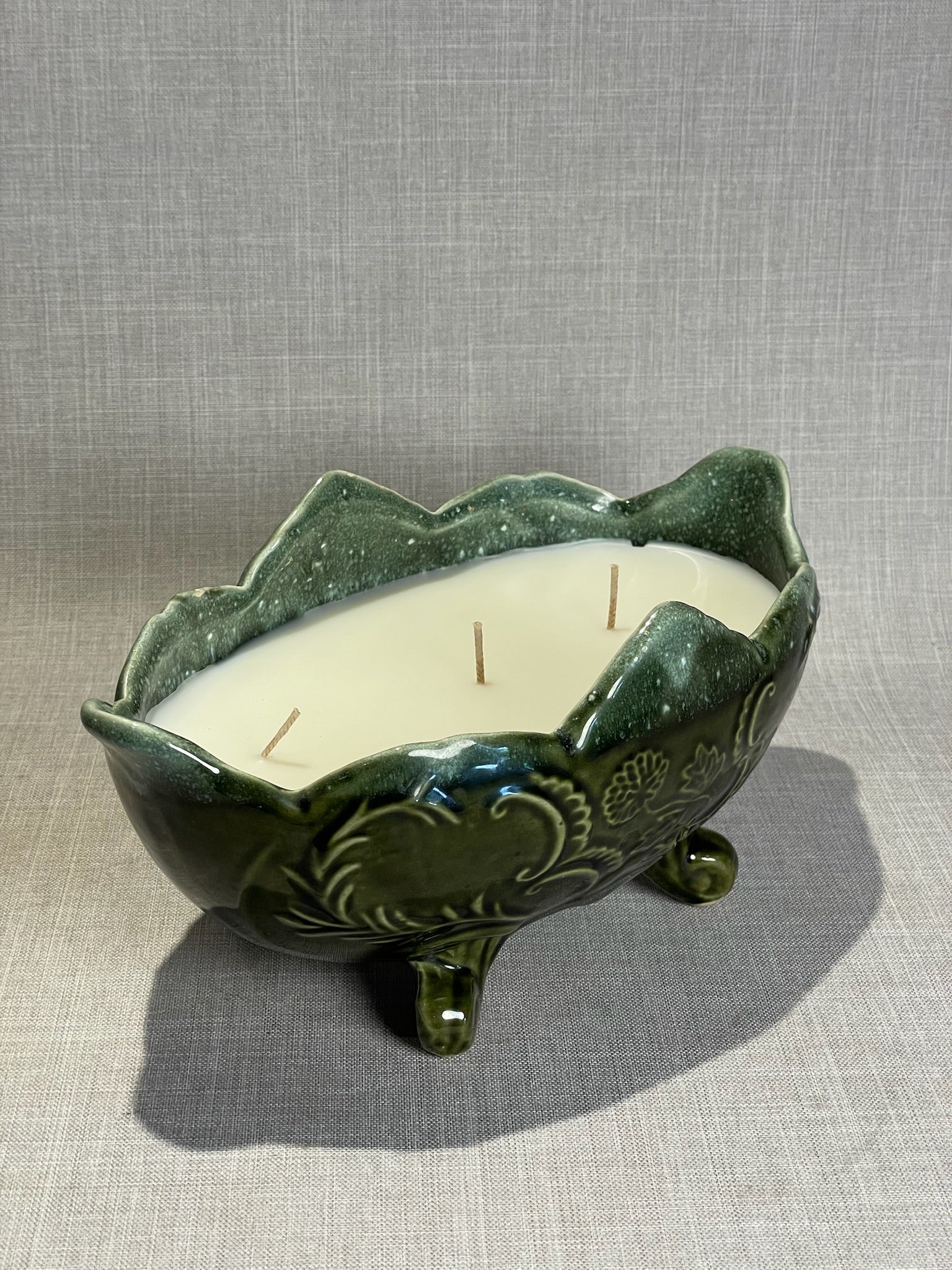 Enchanted Forest Ceramic Bowl Candle – Hand-Poured Triple Wick in Vintage Green