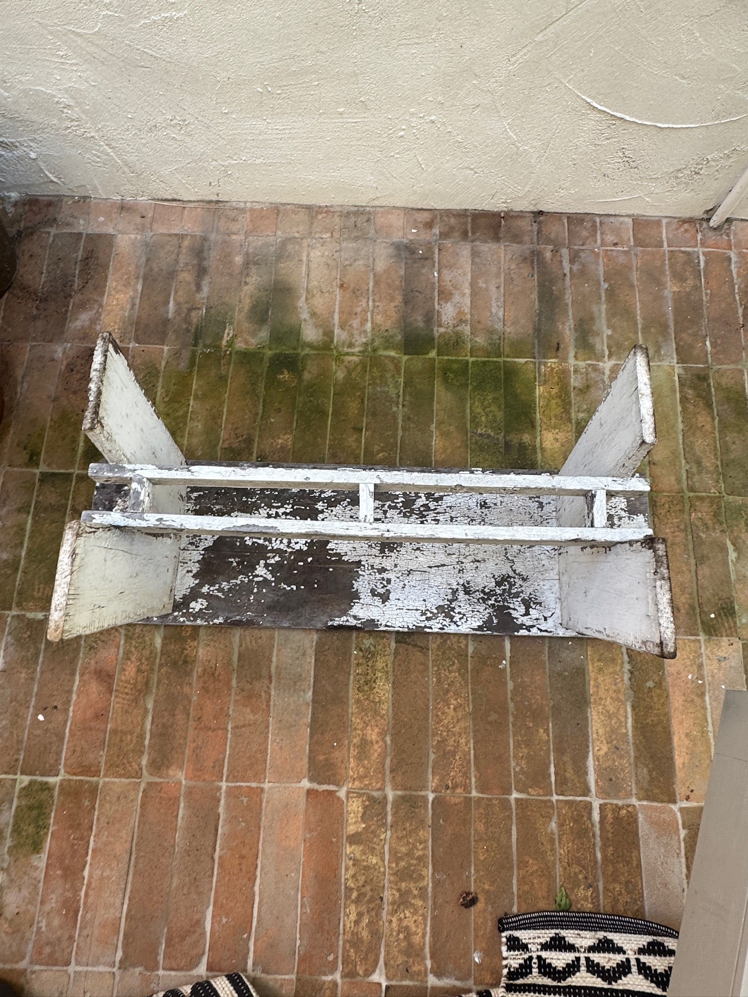 Antique European Rustic Painted Wood Garden Bench with Original Weathered Patina