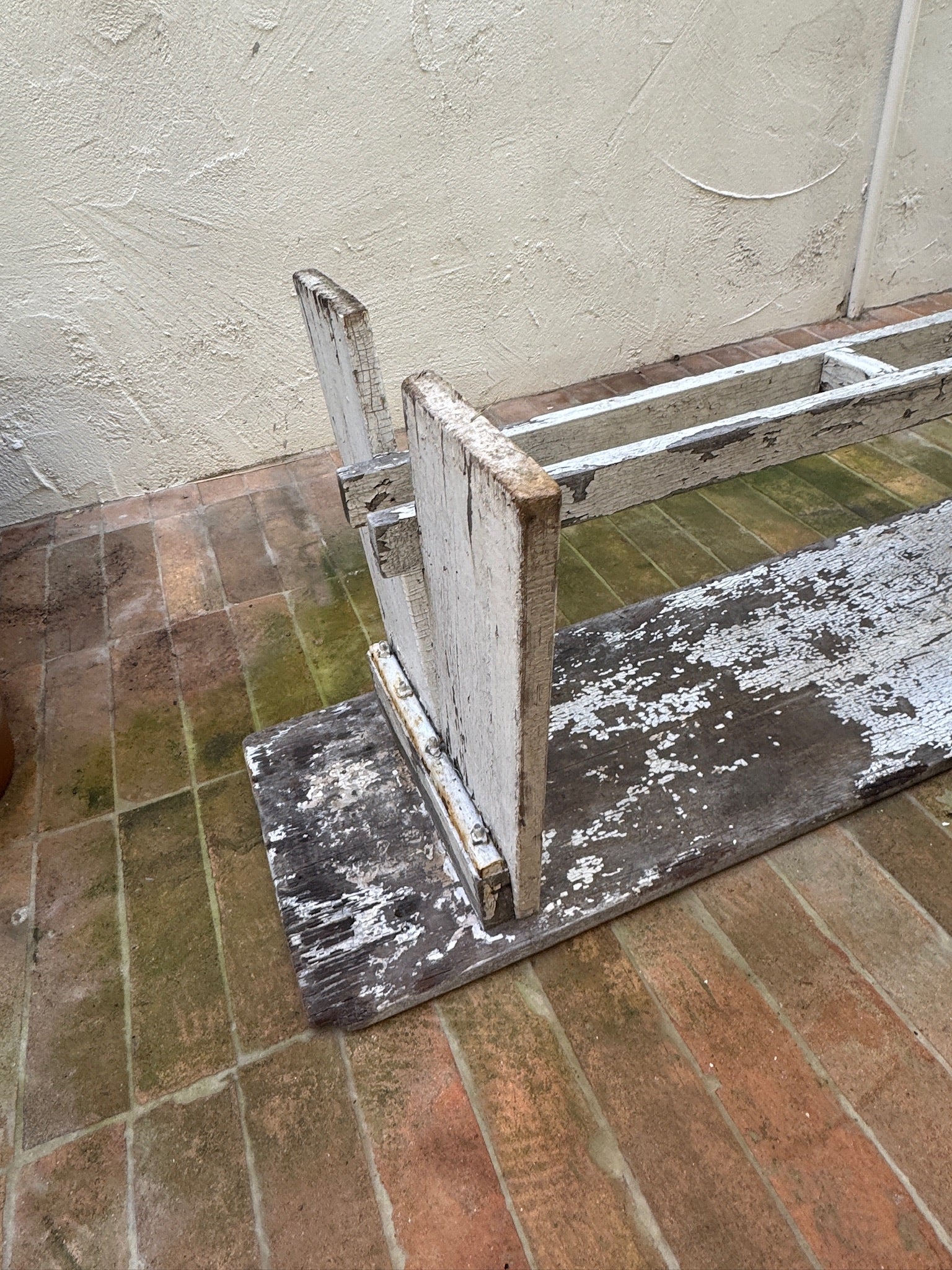 Antique European Rustic Painted Wood Garden Bench with Original Weathered Patina