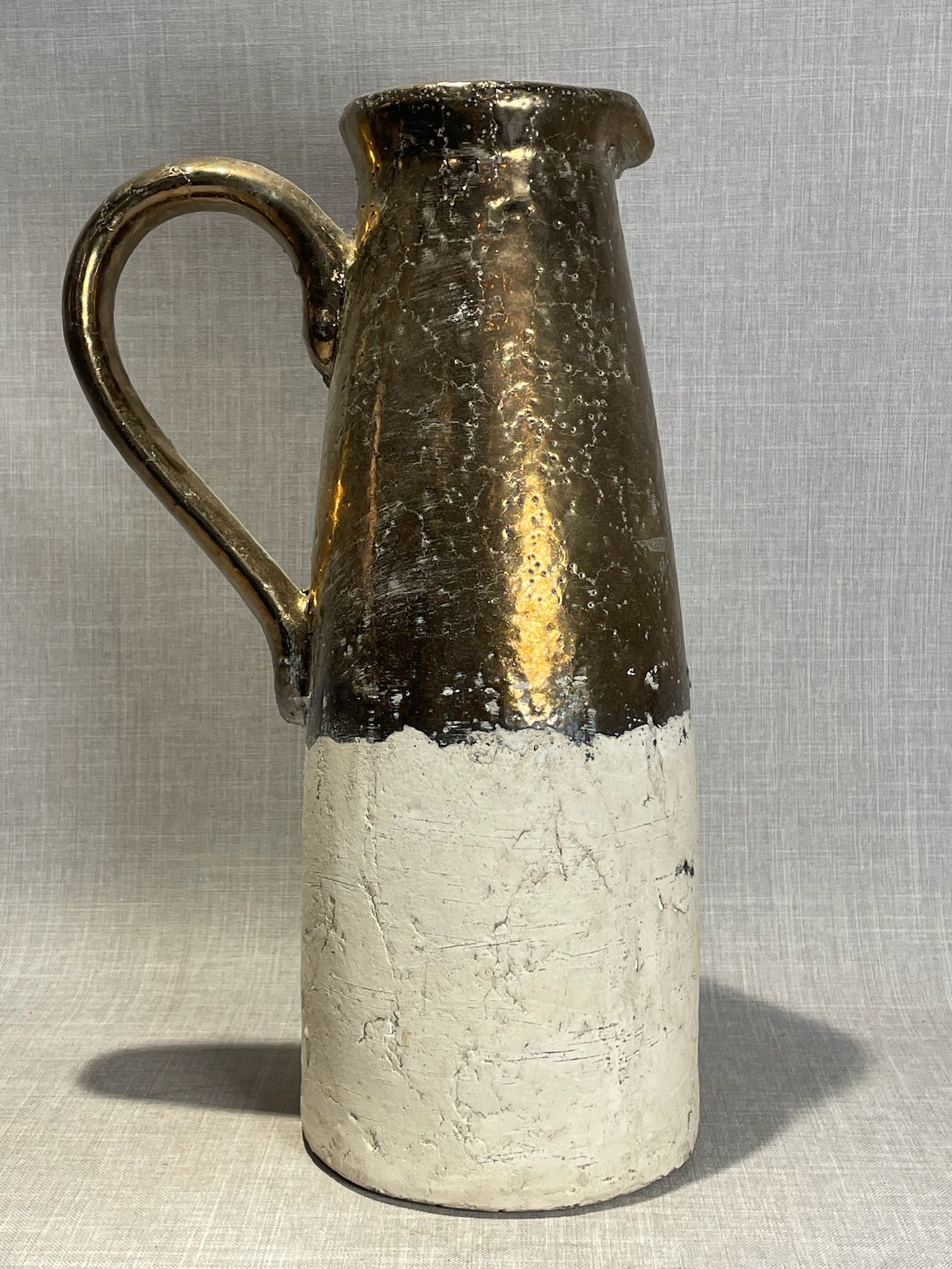 Large Half Gold-Glazed Terracotta Pitcher with Rustic Textured White Body