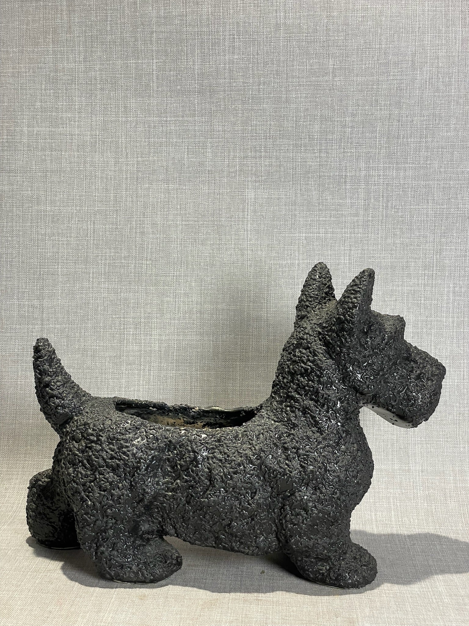 Vintage Black Ceramic Scottie Dog Planter with Textured Coat Finish
