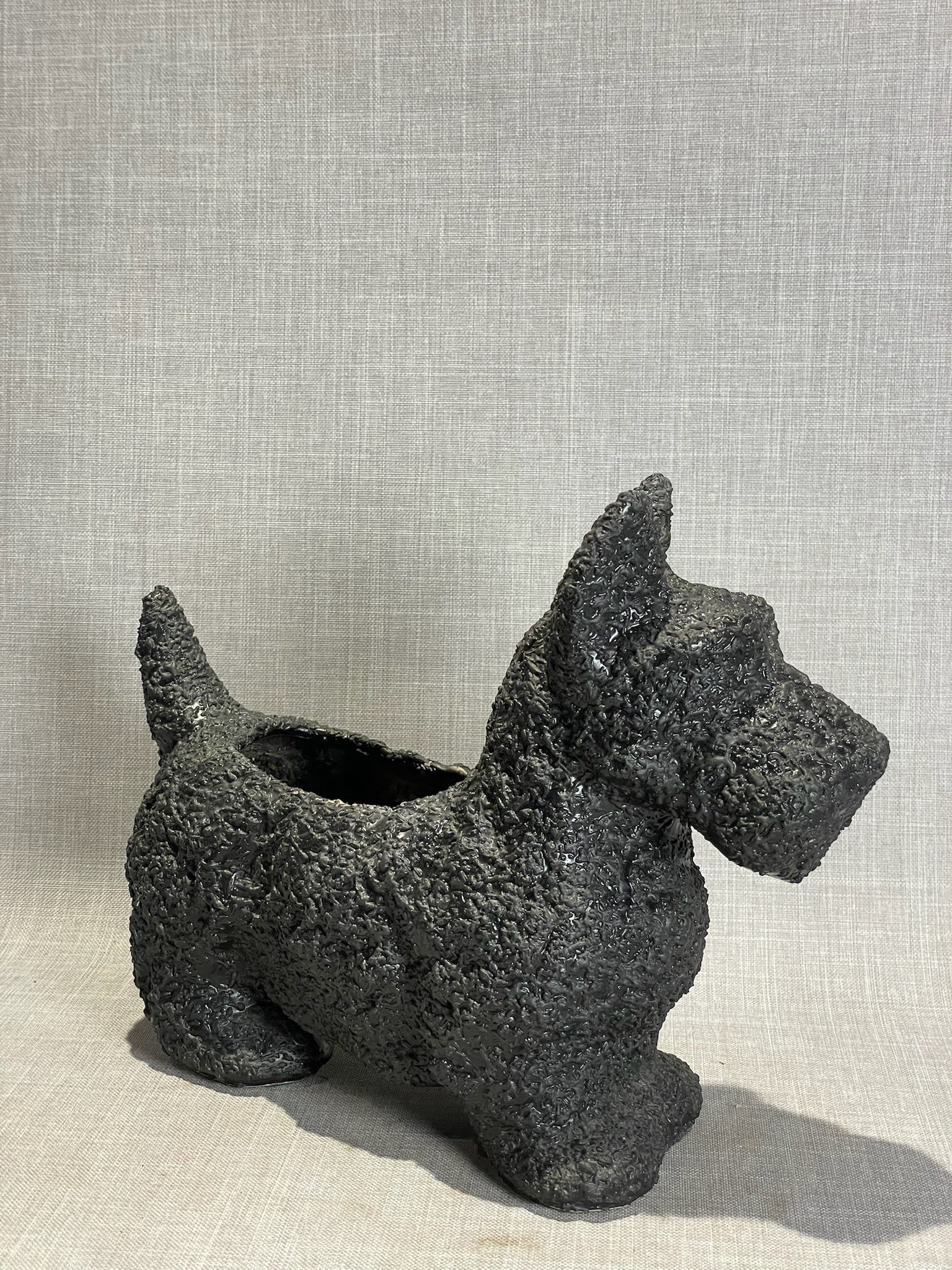 Vintage Black Ceramic Scottie Dog Planter with Textured Coat Finish
