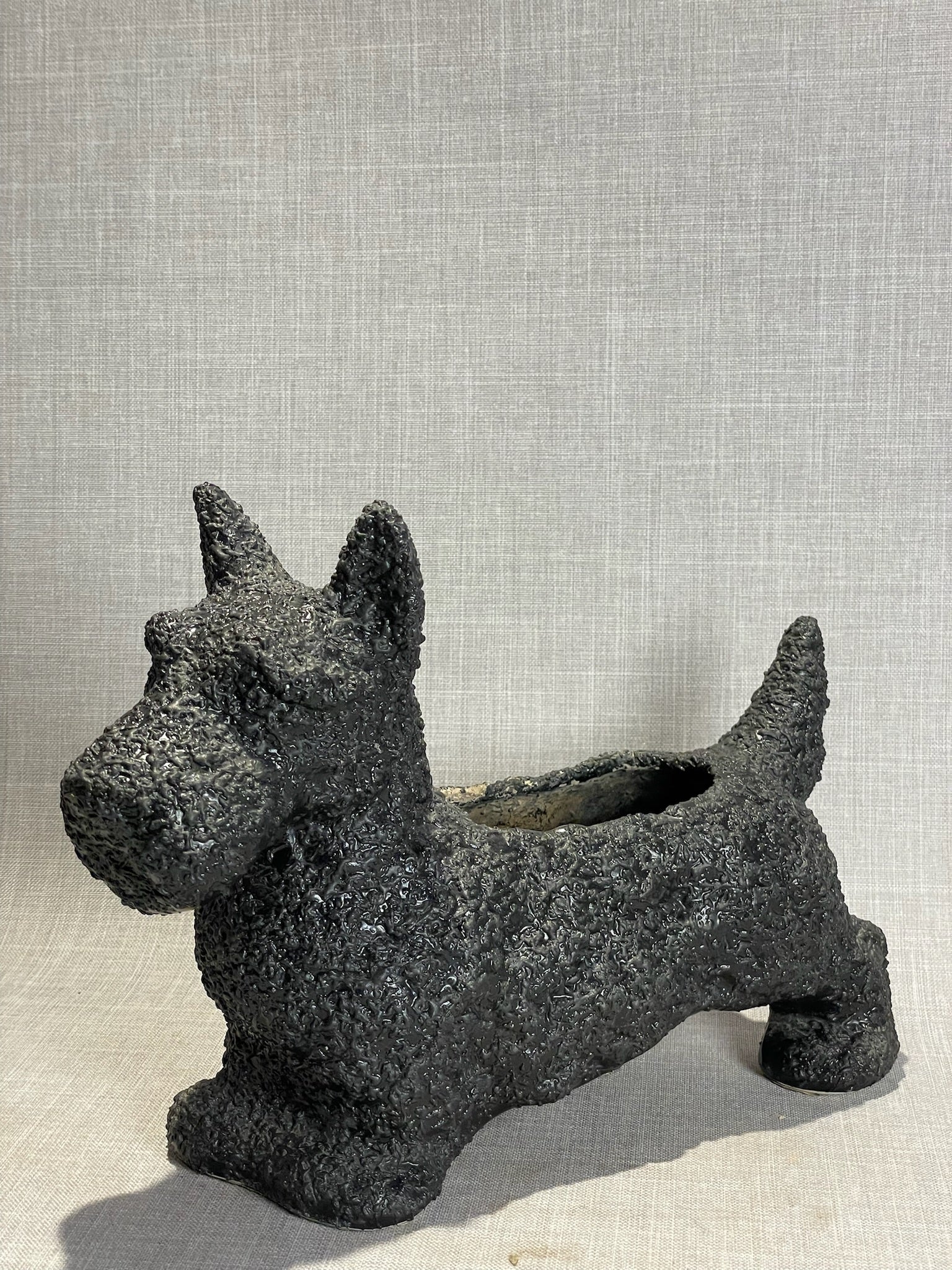 Vintage Black Ceramic Scottie Dog Planter with Textured Coat Finish