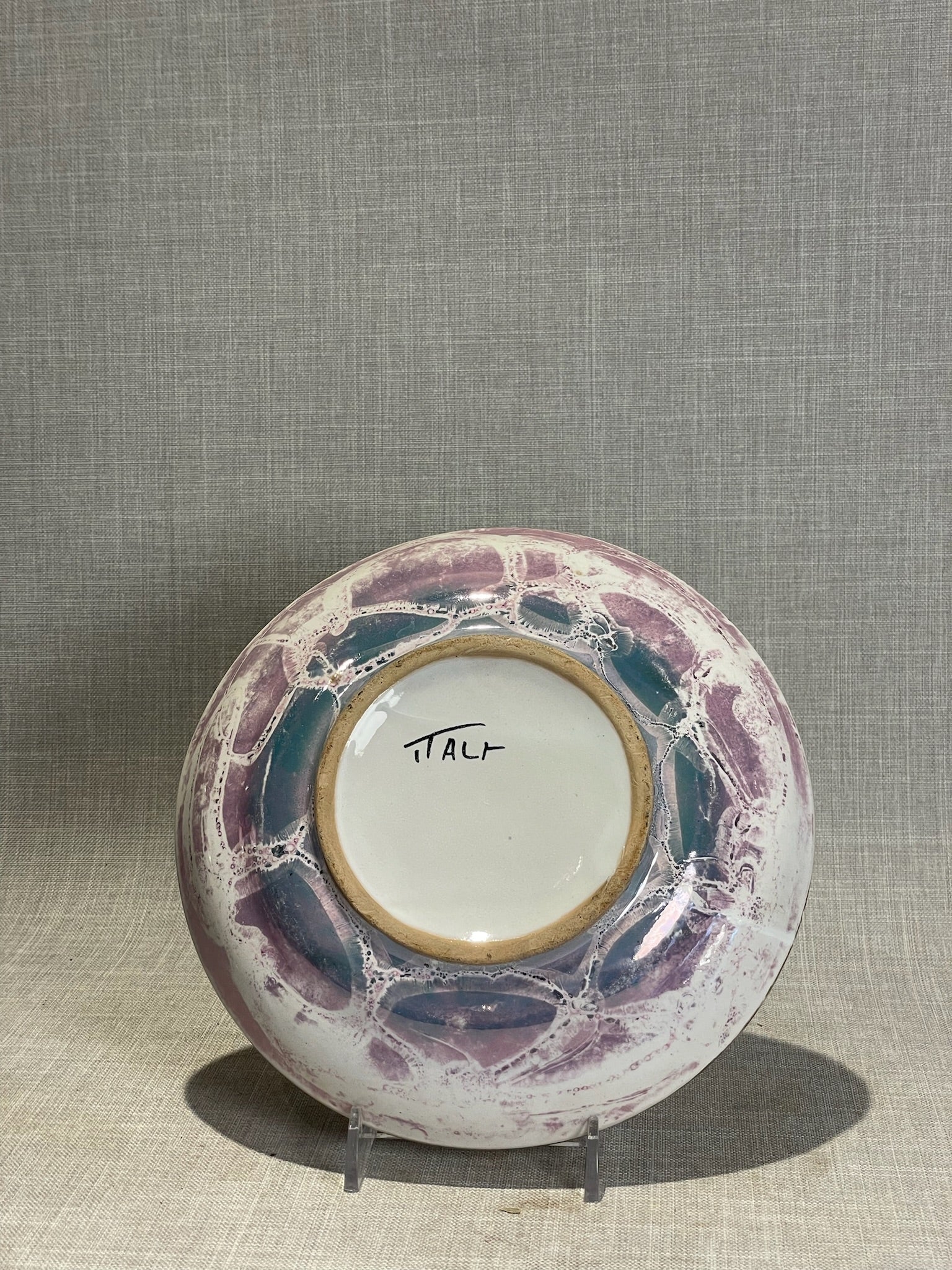 Signed Studio Art Pottery Low-Profile Vase with Marbled Drip Glaze & Gold Accent Rim