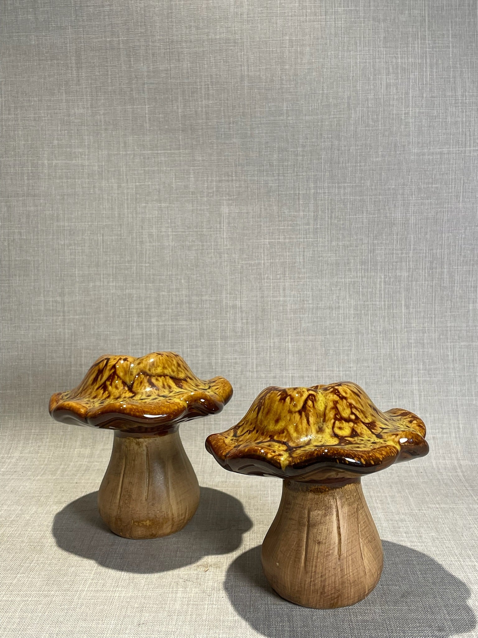 Vintage Drip Glaze Ceramic Mushroom Figurine Set – Woodland Boho Brown Décor
