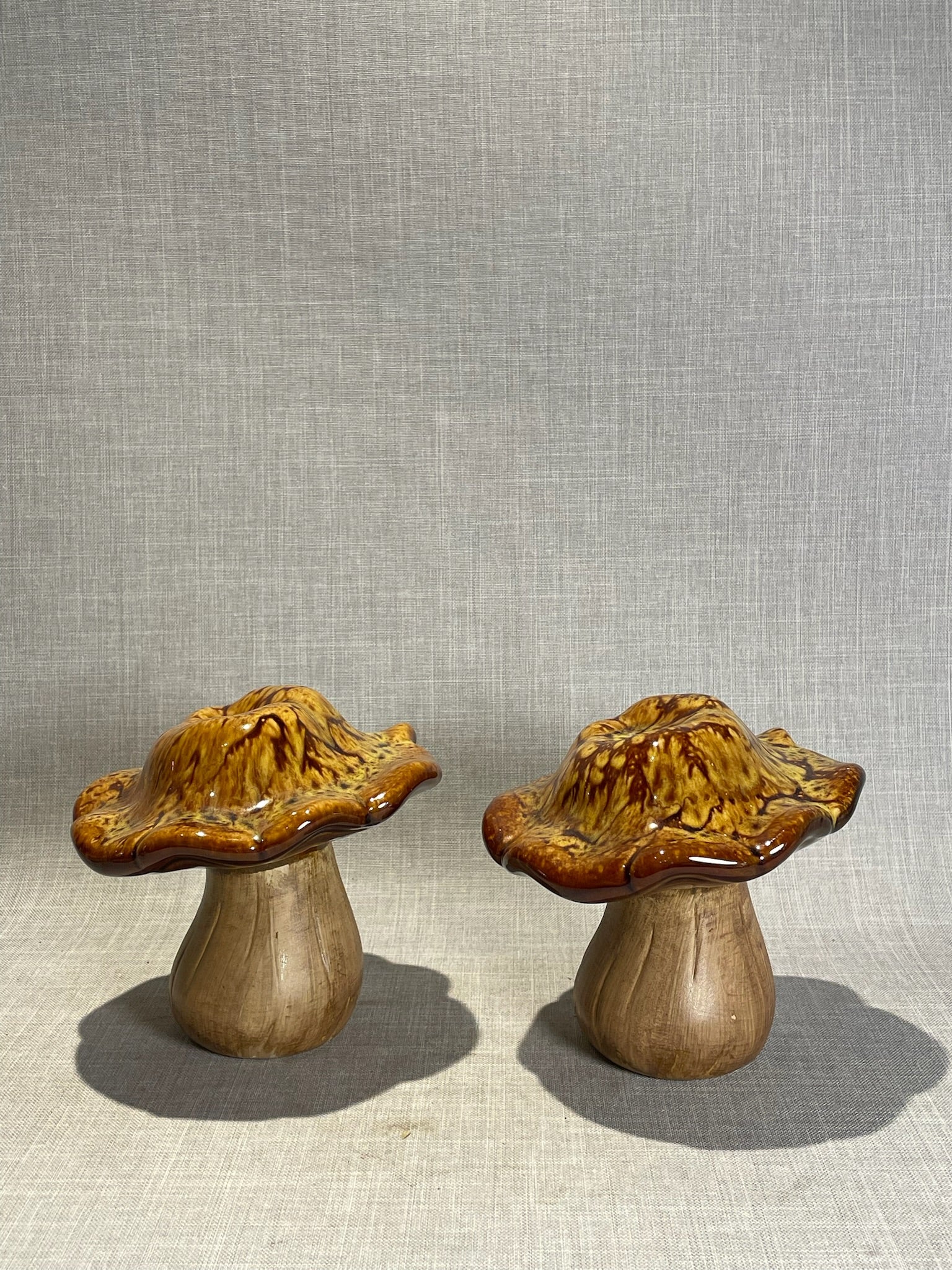 Vintage Drip Glaze Ceramic Mushroom Figurine Set – Woodland Boho Brown Décor