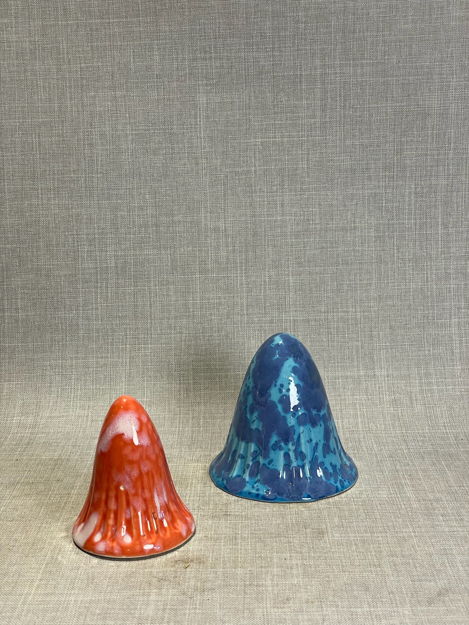 Vintage Drip Glaze Art Pottery Mushroom Form Set in Blue and Orange