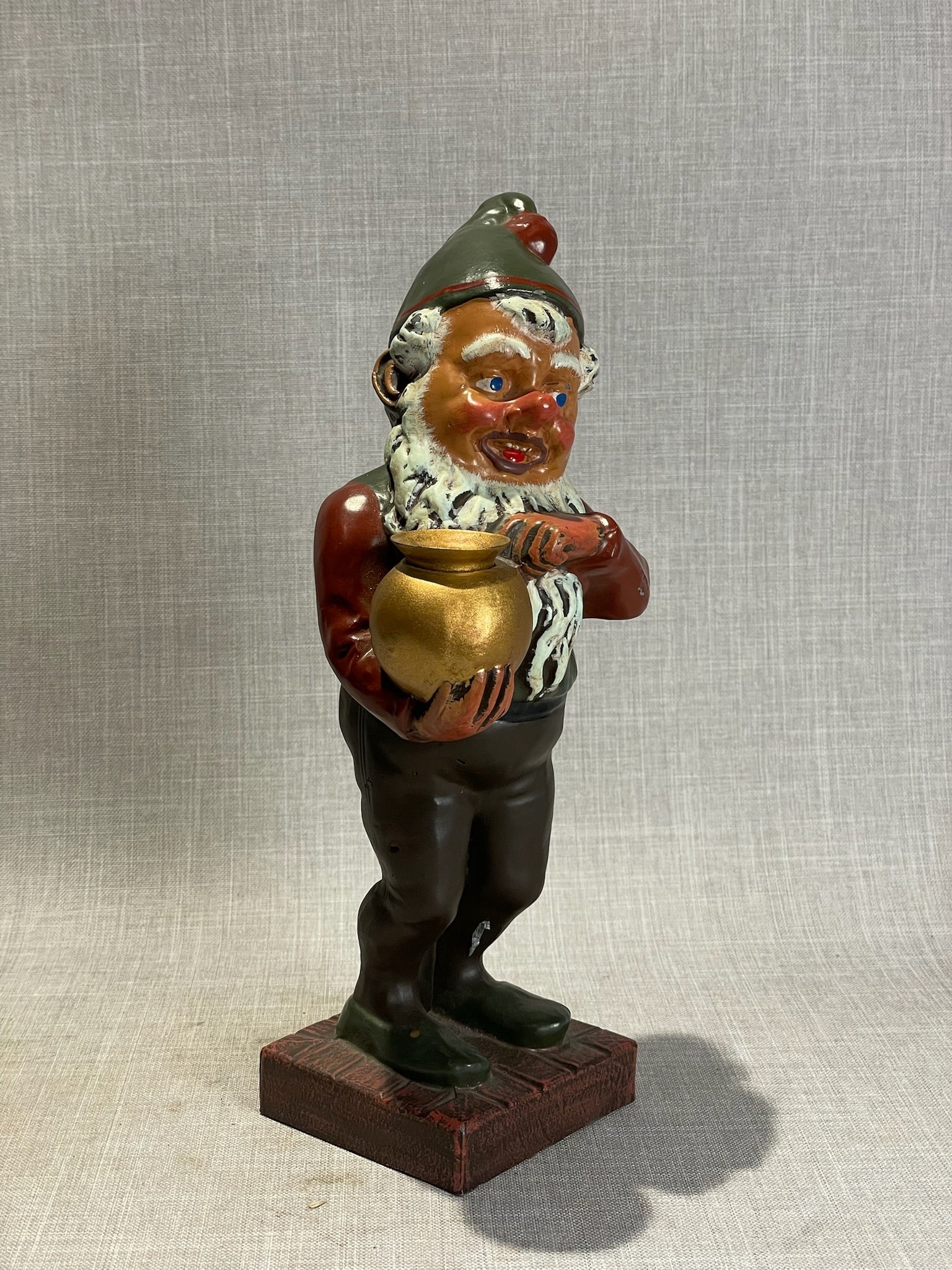 Vintage Hand-Painted Chalkware Gnome with Gold Pot Figurine on Wood-Style Base