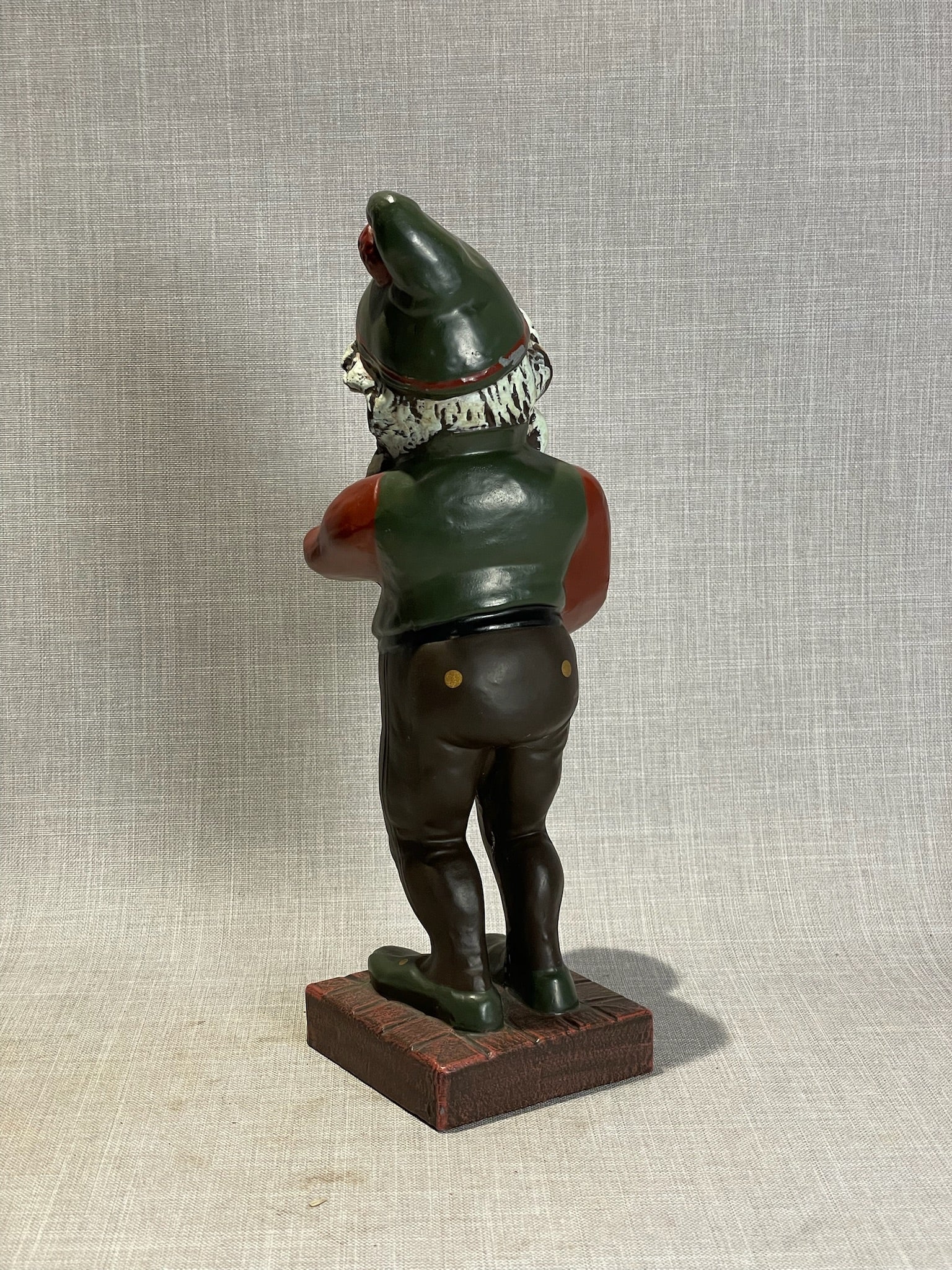 Vintage Hand-Painted Chalkware Gnome with Gold Pot Figurine on Wood-Style Base