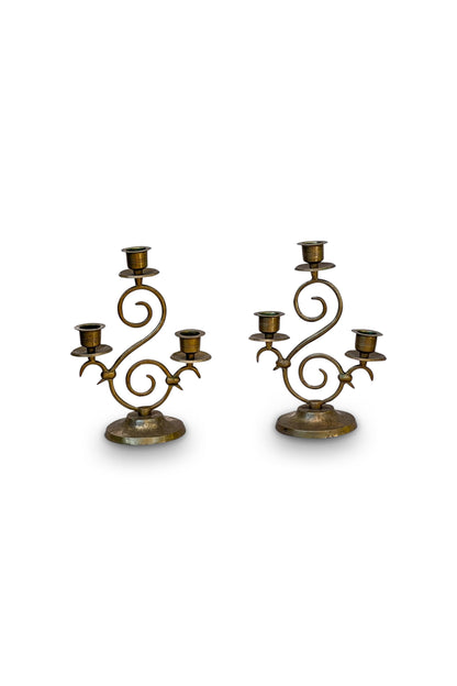 Vintage Etched Brass Candelabra Pair