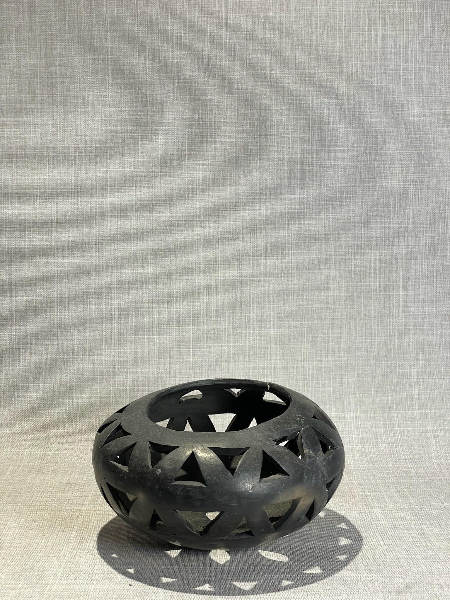 Vintage Black Pierced Geometric Pottery Bowl