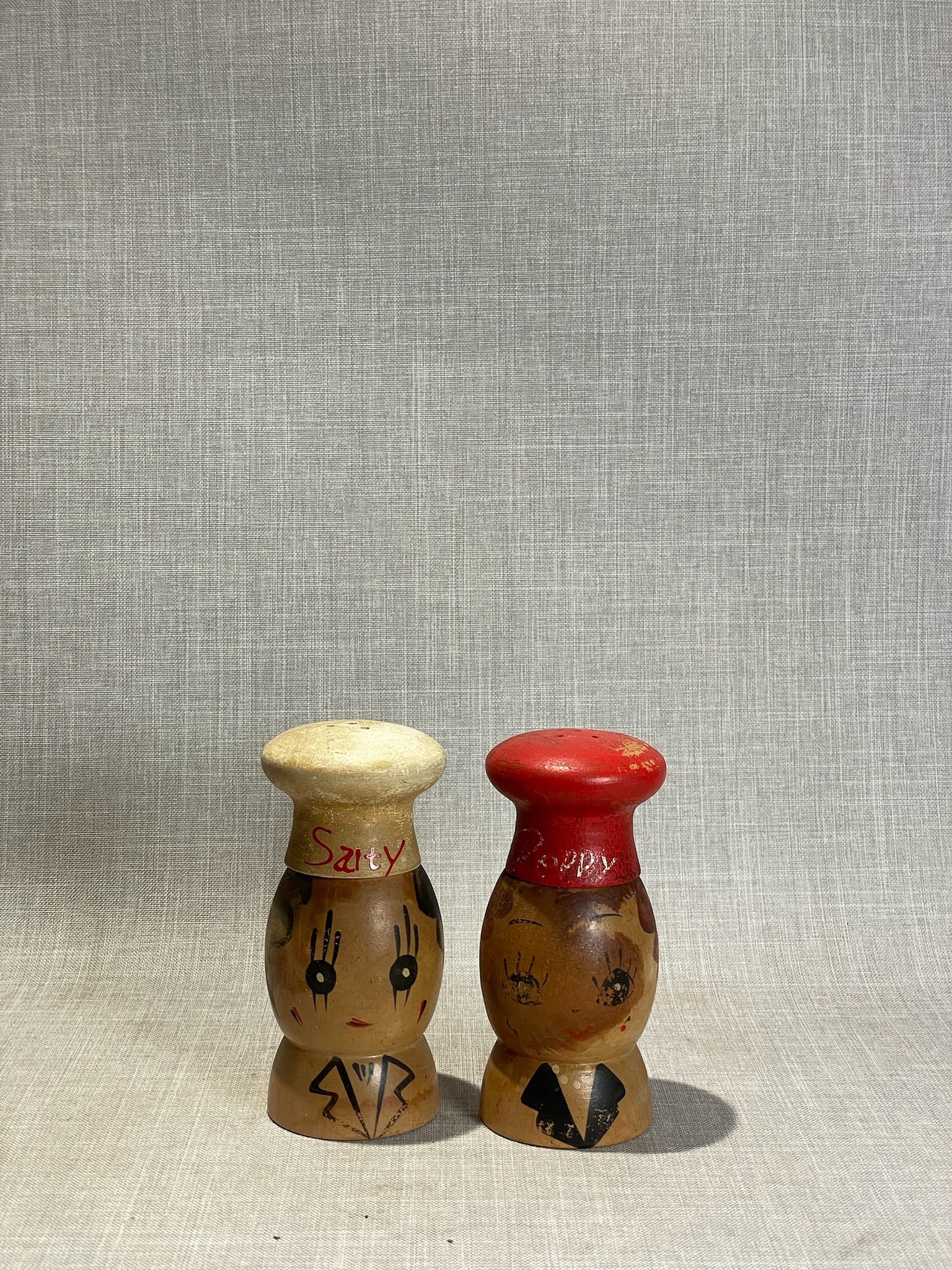 Vintage Hand-Painted Wooden “Salty & Pepper” Figurative Salt & Pepper Shaker Set