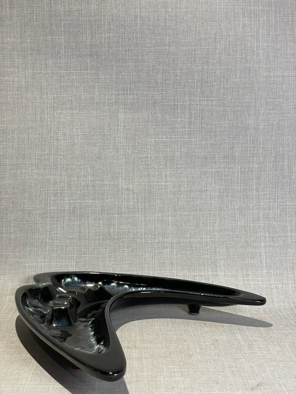 Mid-Century Modern Black Boomerang Ceramic Ashtray / Console Dish with Drip Glaze