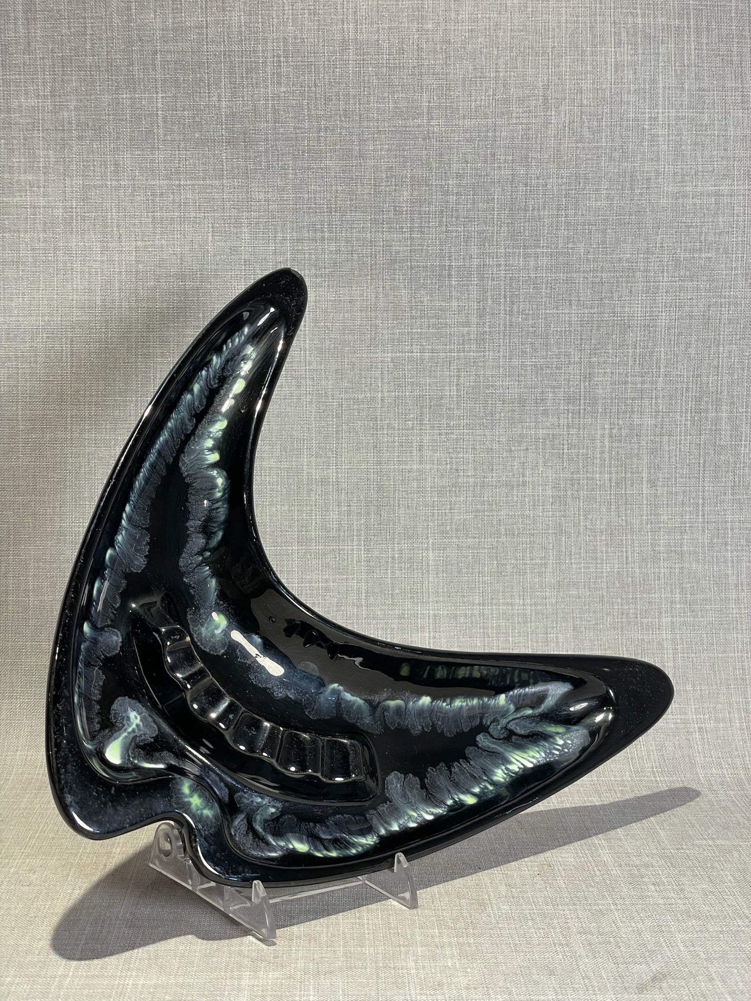 Mid-Century Modern Black Boomerang Ceramic Ashtray / Console Dish with Drip Glaze