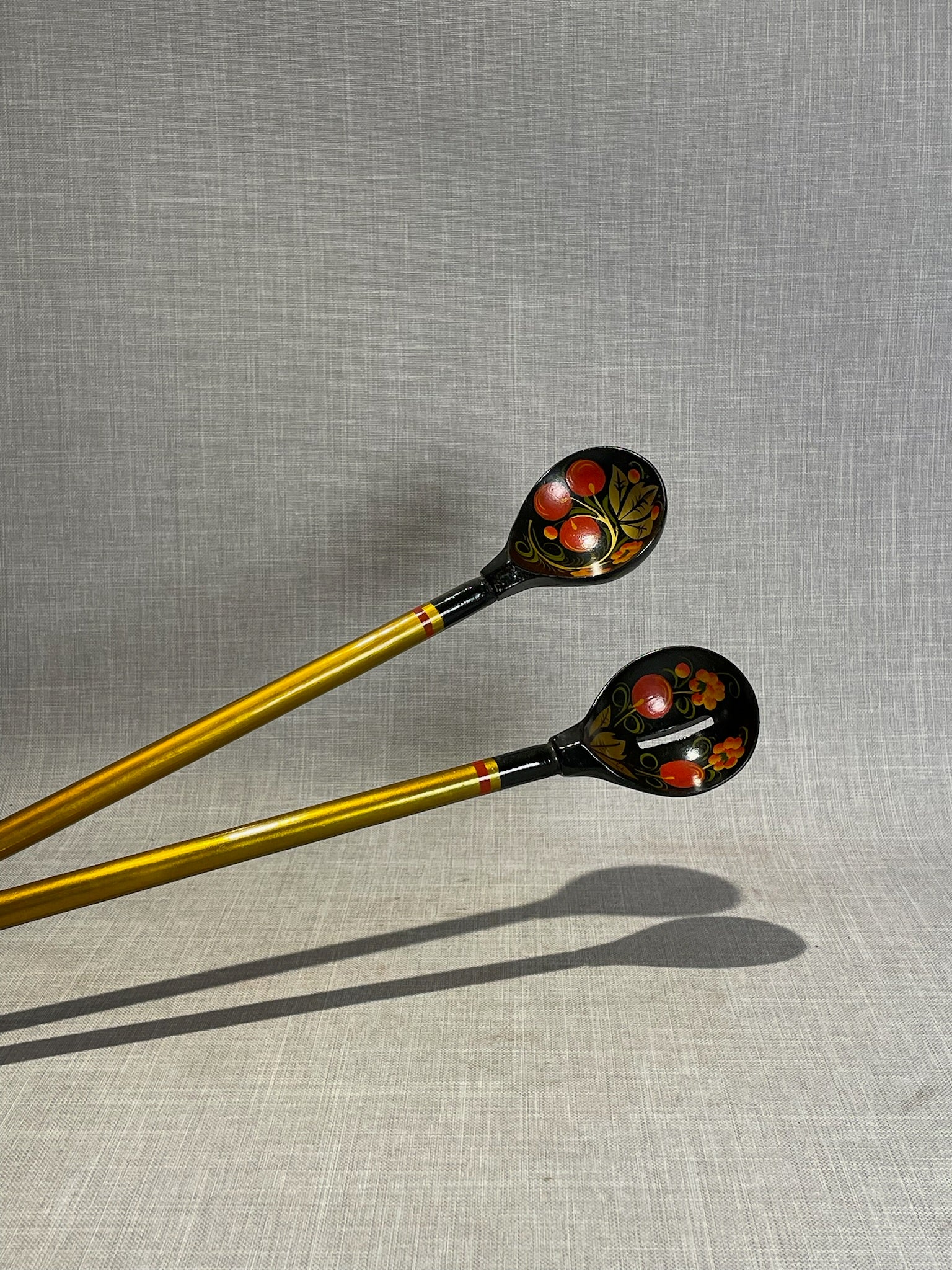 Vintage Russian Khokhloma Hand-Painted Long Wooden Serving Spoons – Set of 2