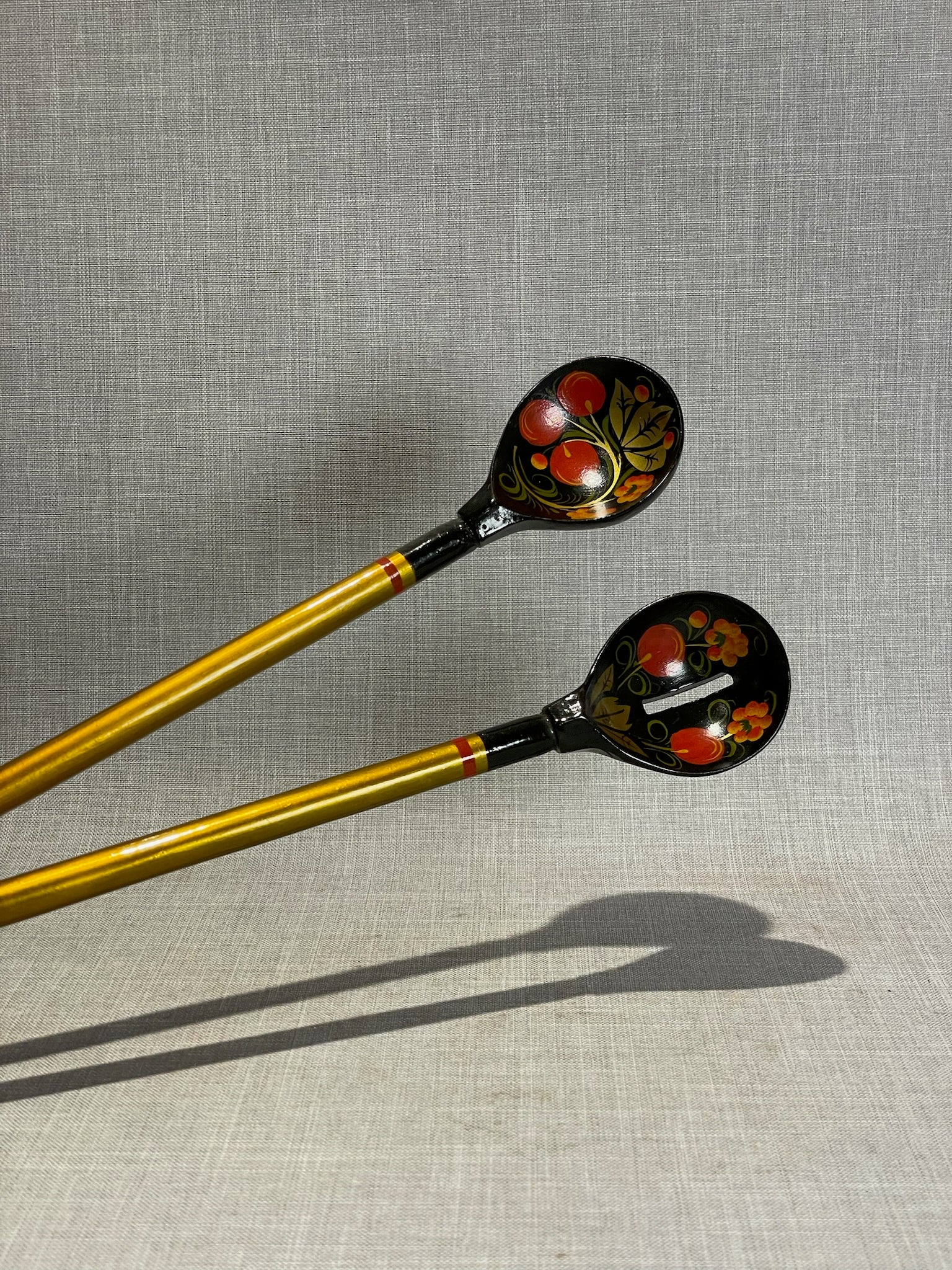 Vintage Russian Khokhloma Hand-Painted Long Wooden Serving Spoons – Set of 2