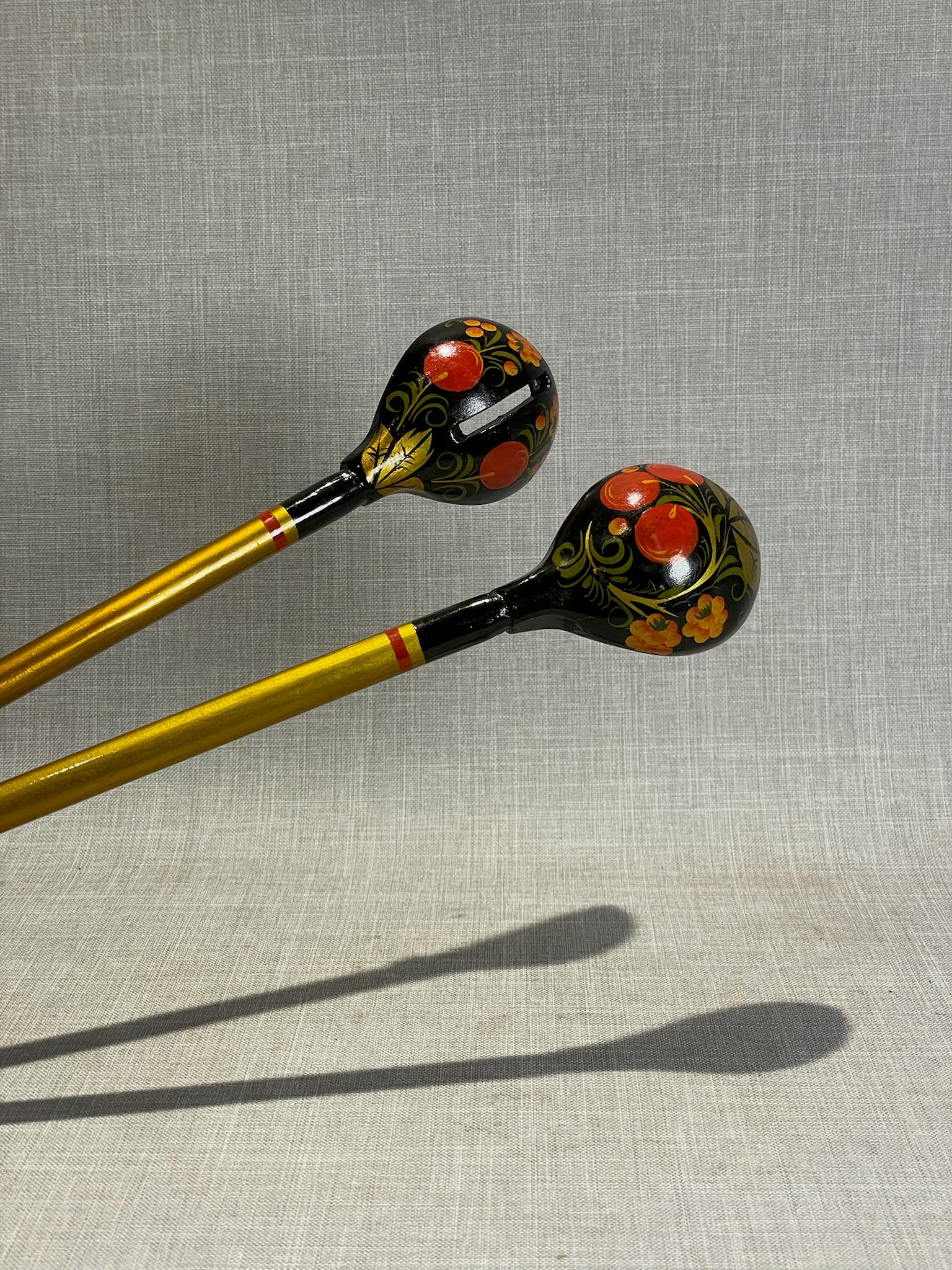 Vintage Russian Khokhloma Hand-Painted Long Wooden Serving Spoons – Set of 2