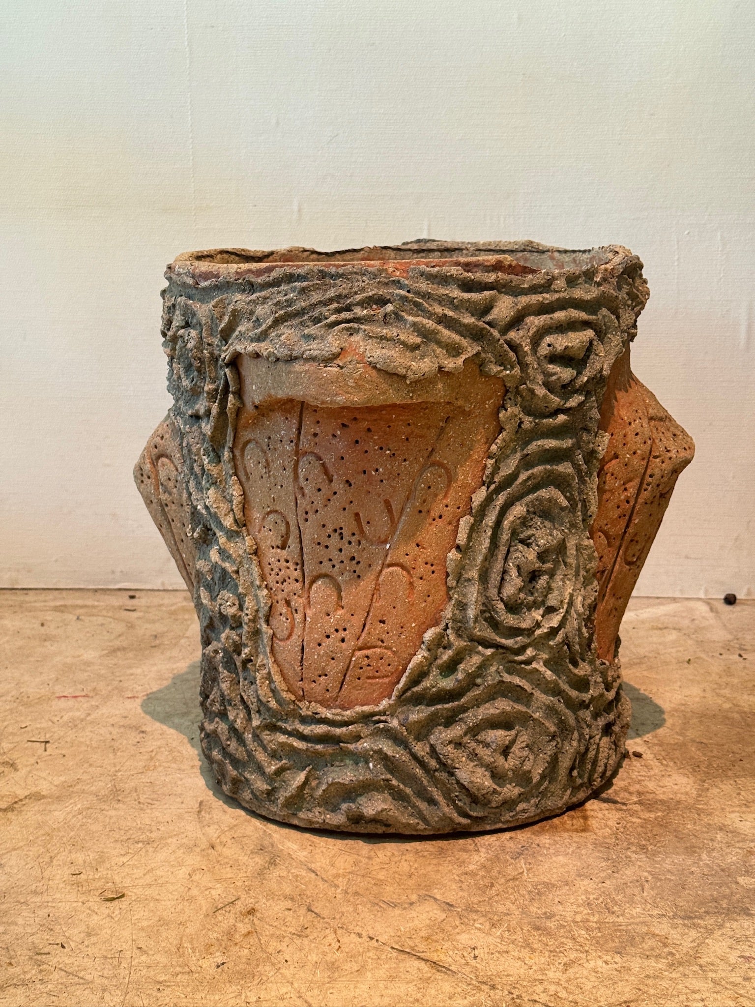 Vintage Faux Bois Pottery Planter with Sculptural Incised Terracotta Panels