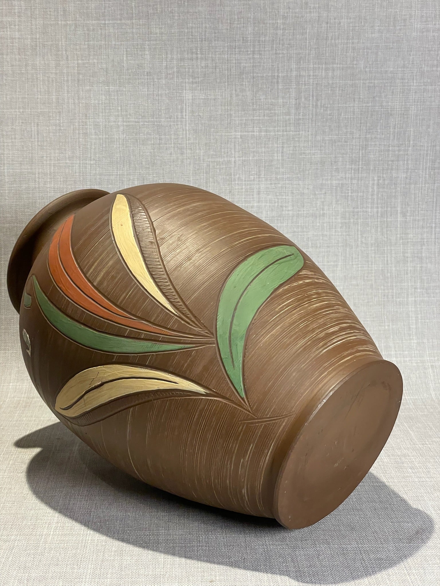 Mid-Century Küle Keramik West German Terracotta Vase with Hand-Carved Leaf Motif