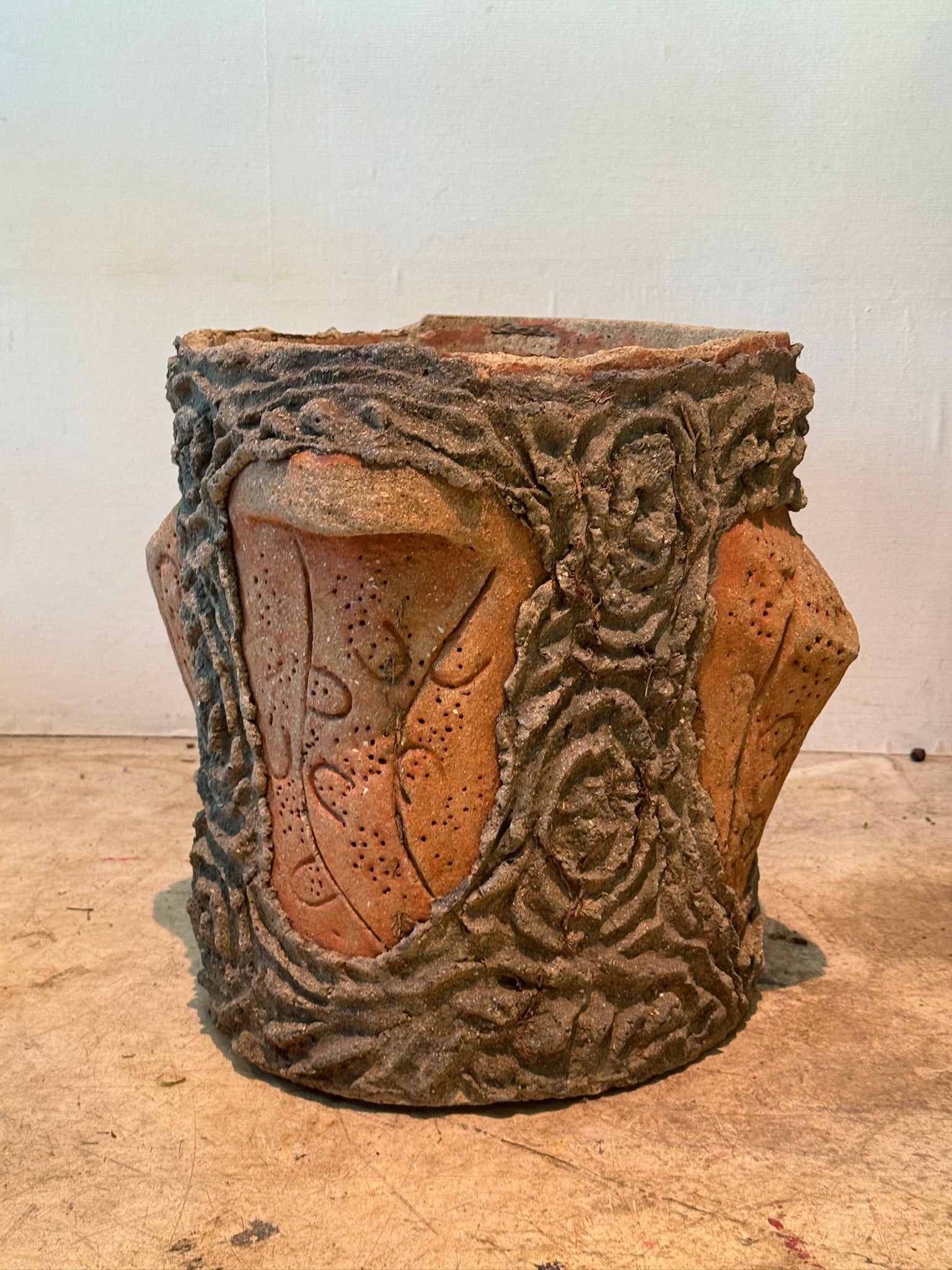 Vintage Faux Bois Pottery Planter with Sculptural Incised Terracotta Panels